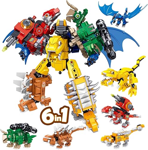 HIGH GODO Juego de construcción de dinosaurio robot, 6 en 1, juguete de construcción de robot transformador de dinosaurio para niños, niños y niñas