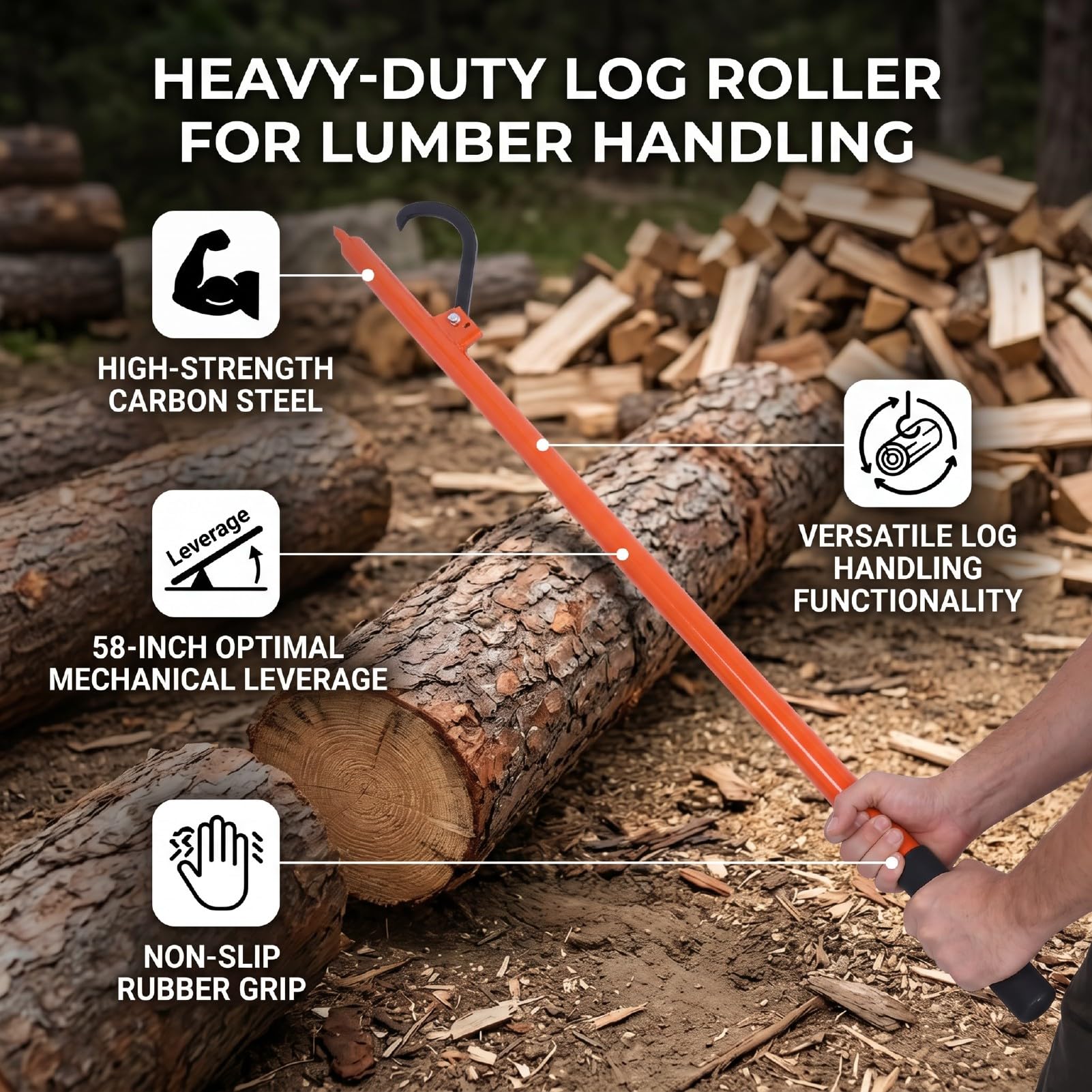 Luocute Rodillo para Troncos Resistente de 58 Pulgadas, Gancho para Troncos de Acero Al Carbono con Agarre de Goma, Gancho Ajustable para Enrollar, Girar y Levantar de hasta 19