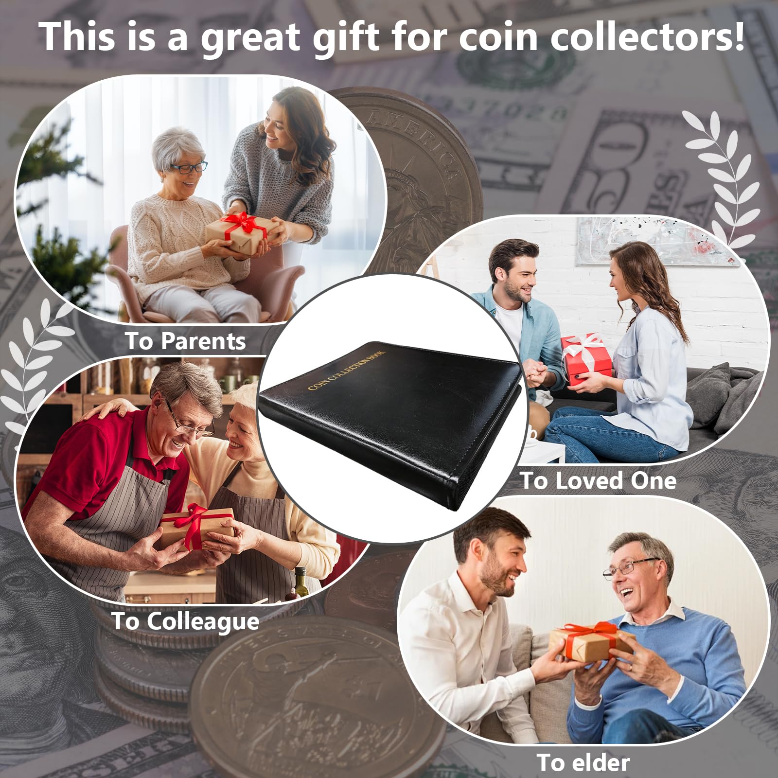 Álbum de colección de monedas para coleccionista, 360 bolsillos con cremallera, 2 páginas de tamaño para monedas de 17/20/23/25/27/30 mm, adecuado para suministros de colección de monedas, centavos