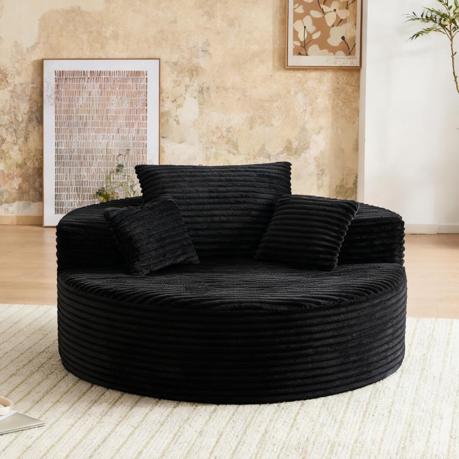 Boneless Couch, Modern Oversized Round Lounge Chair with 3 Pillows, Corduroy Fabric Accent Chair for Living Room, Bedroom, No Assembly Required, 2.5mm Black