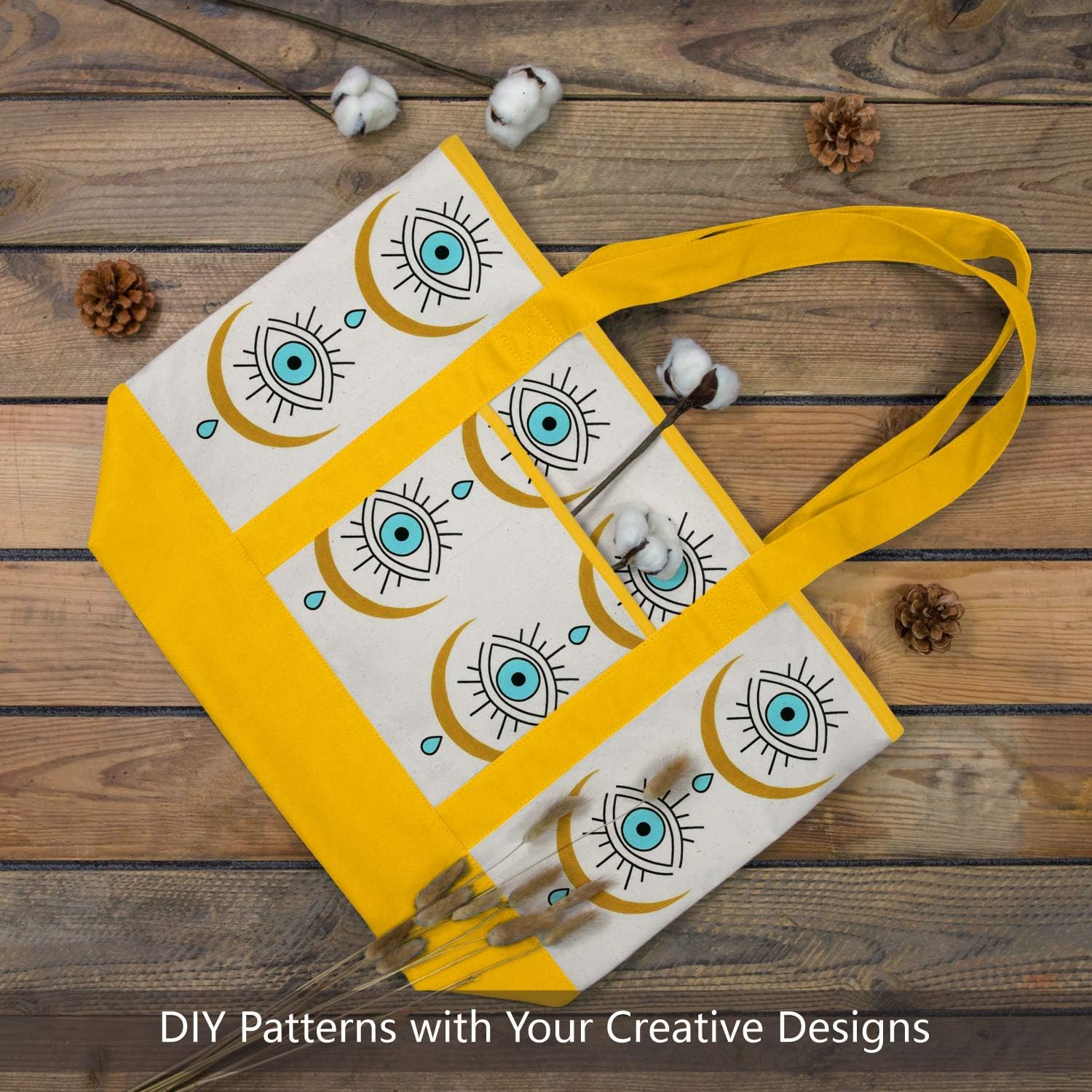 TOPDesign Stylish Canvas Tote Bag with External & Internal Pockets, Open Top, Daily Essentials (Yellow/Natural)