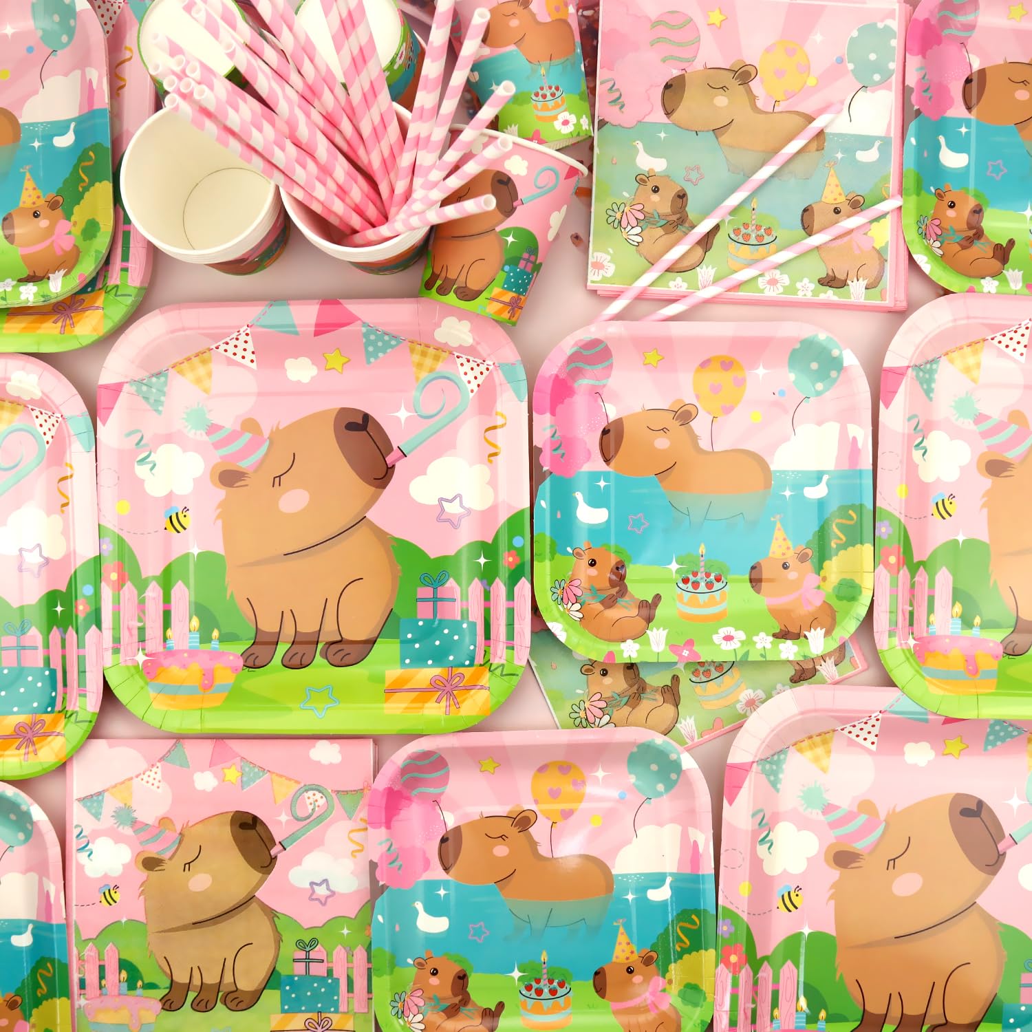 Rosa Capybara Party Decoration - Capybara Compleanno Party Stoviglie Accessori include piatti, tazze, tovaglioli, tovaglie, cannucce - per 20 persone