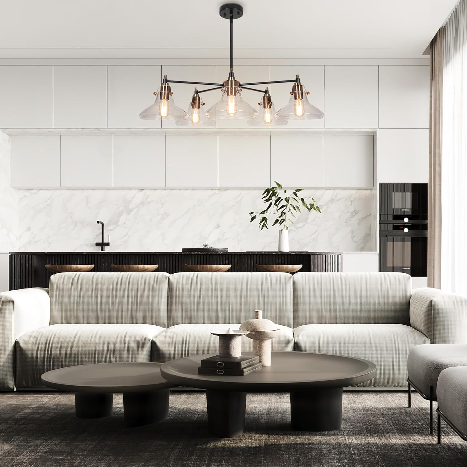 KSANA Black and Gold Chandelier, Modern 5-Light Large Hanging Chandelier Light Fixture with Seeded Glass Shade for Dining Room, Kitchen Island and Living Room