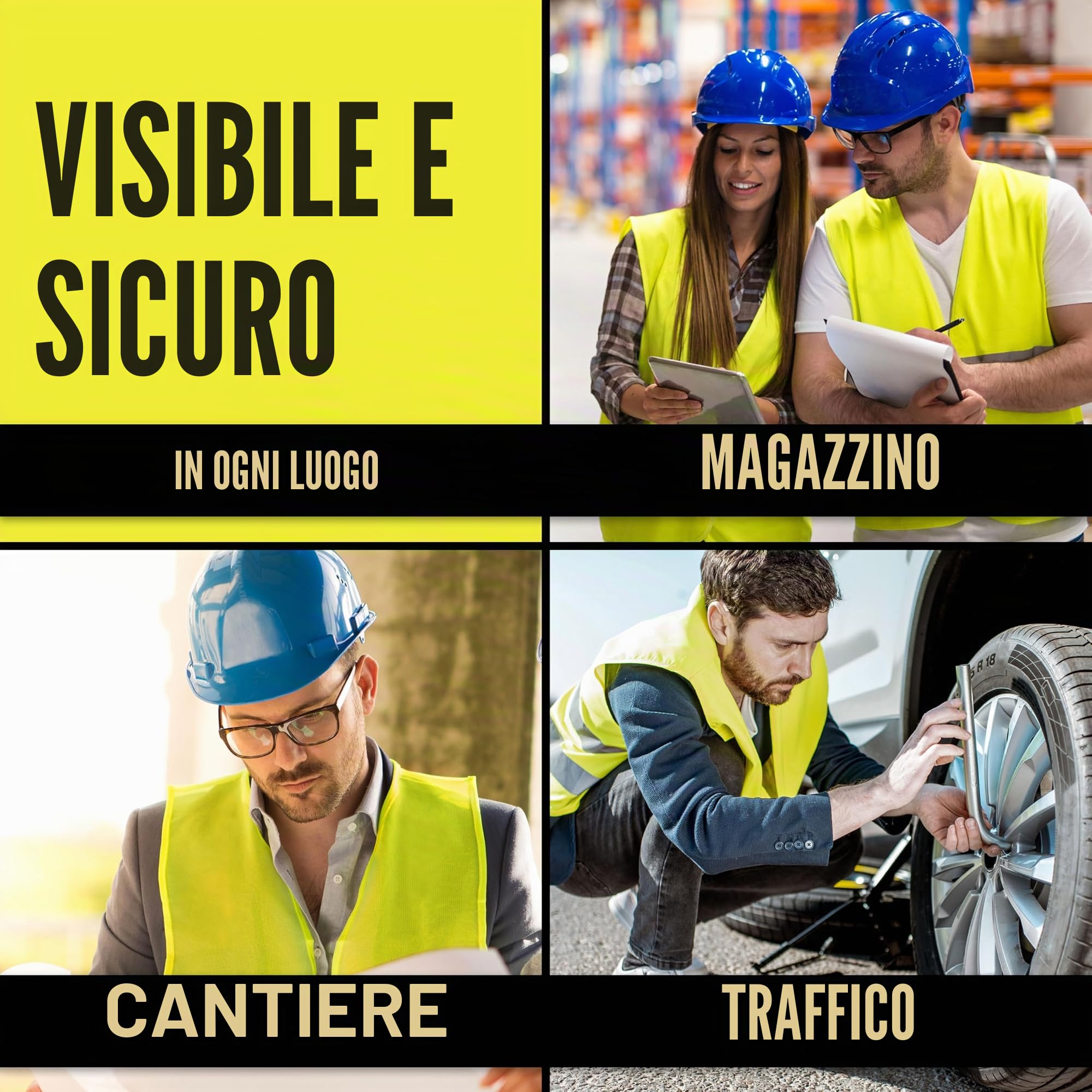 HELDENWERK Giubbotti di sicurezza per auto, set da 4 pezzi, validi in tutta Europa, secondo la norma attuale 2026 EN ISO 20471, gilet di sicurezza riflettente, per adulti
