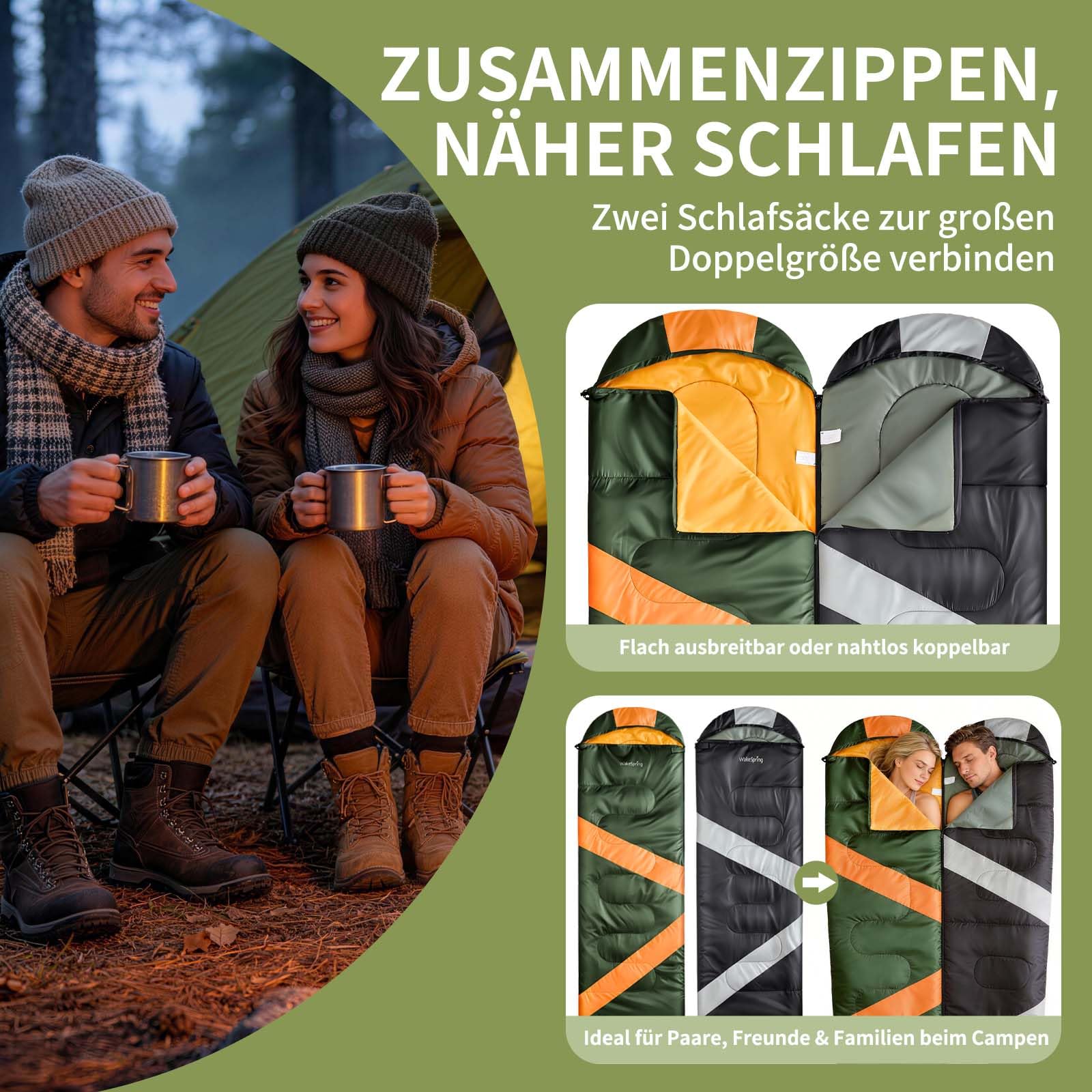 Schlafsack Sommer Erwachsene, 2-in-1 Leichter Deckenschlafsack Camping koppelbar, mit Fußreißverschluss, für Festival, Wohnmobil, Reisen
