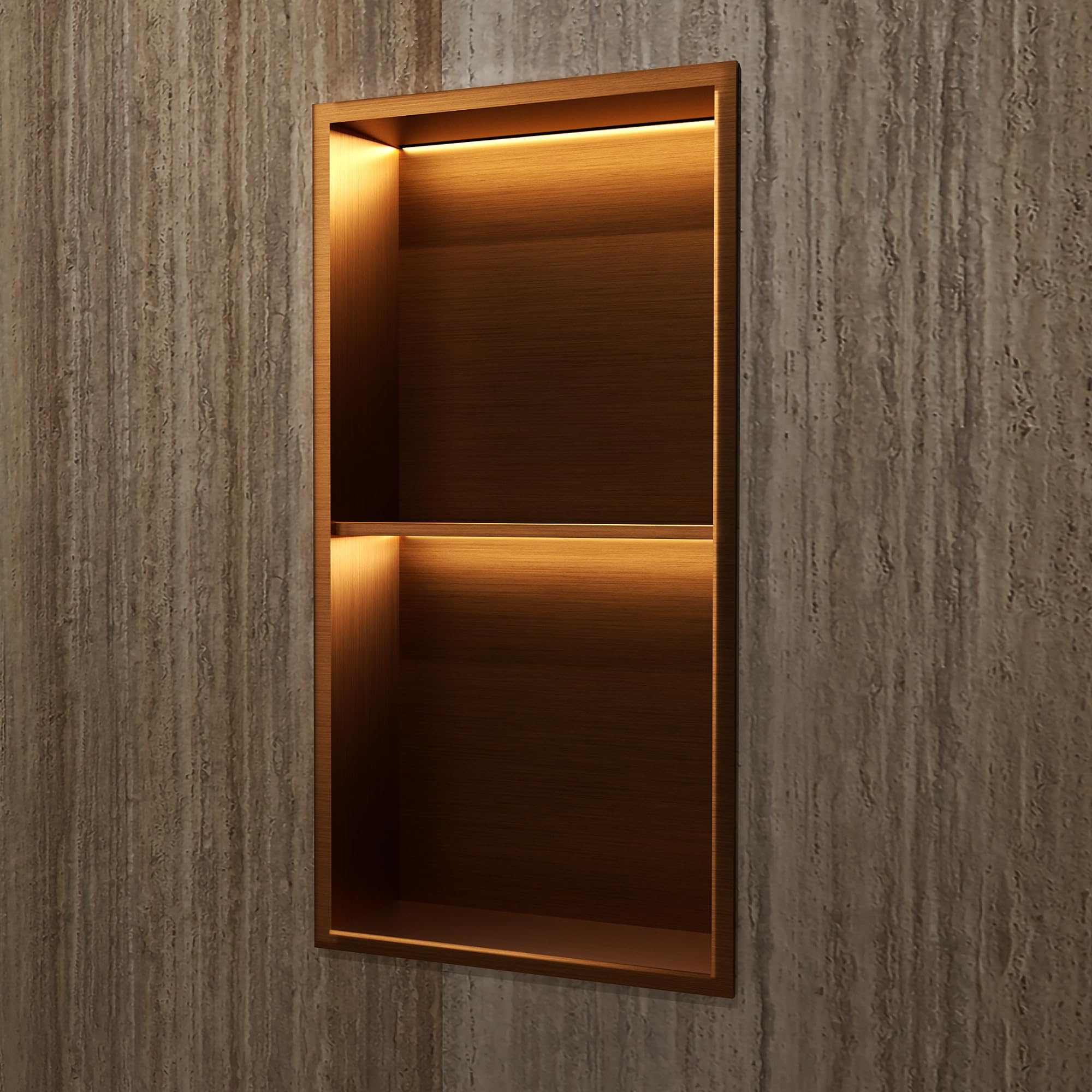 IMEX - Nicho de Ducha Empotrable con Luz LED 33x63cm Oro Rosa Cepillado | Hornacina Ducha con Dos Estantes de Acero Inoxidable S.304 | Hornacina Baño Empotrada a Pared de 10cm de Profundidad