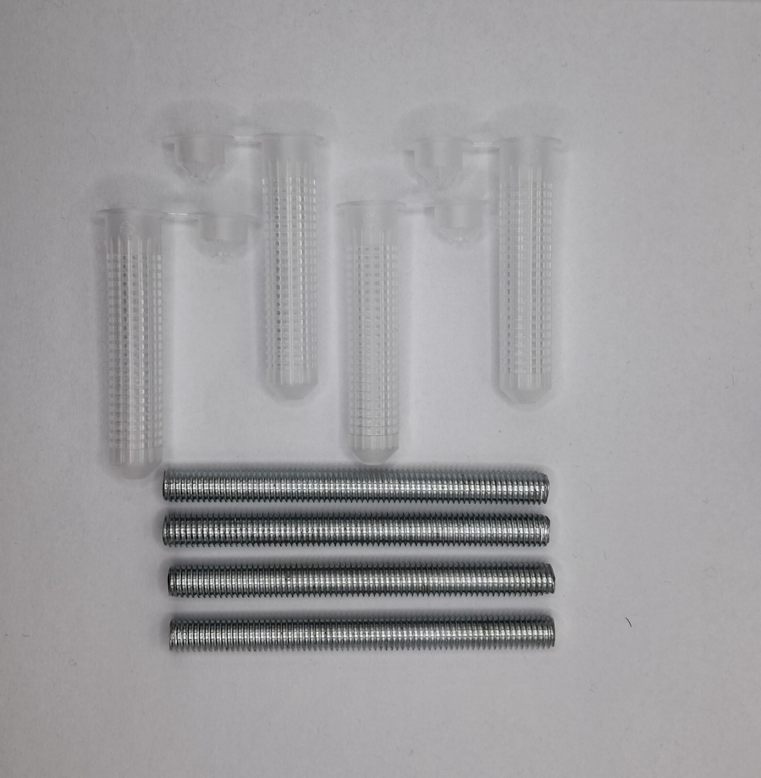 Barre Filettate M6 In Acciaio Zincato e Tasselli a Rete in Plastica 4 Pezzi Aste Filettate Alta Resistenza Lunghezza Barra 8 cm Lunghezza Tassello 6 cm Dado e Rondella M6