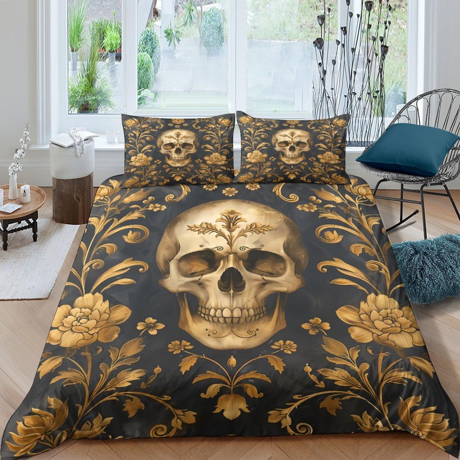 Ctjqhvkz Style-4 3D Printed Golden Skull Fitted Sheet Microfiber Floral Bed Cover For Bedroom Guest Room Decoration Dustproof Washable Single（135X200cm）