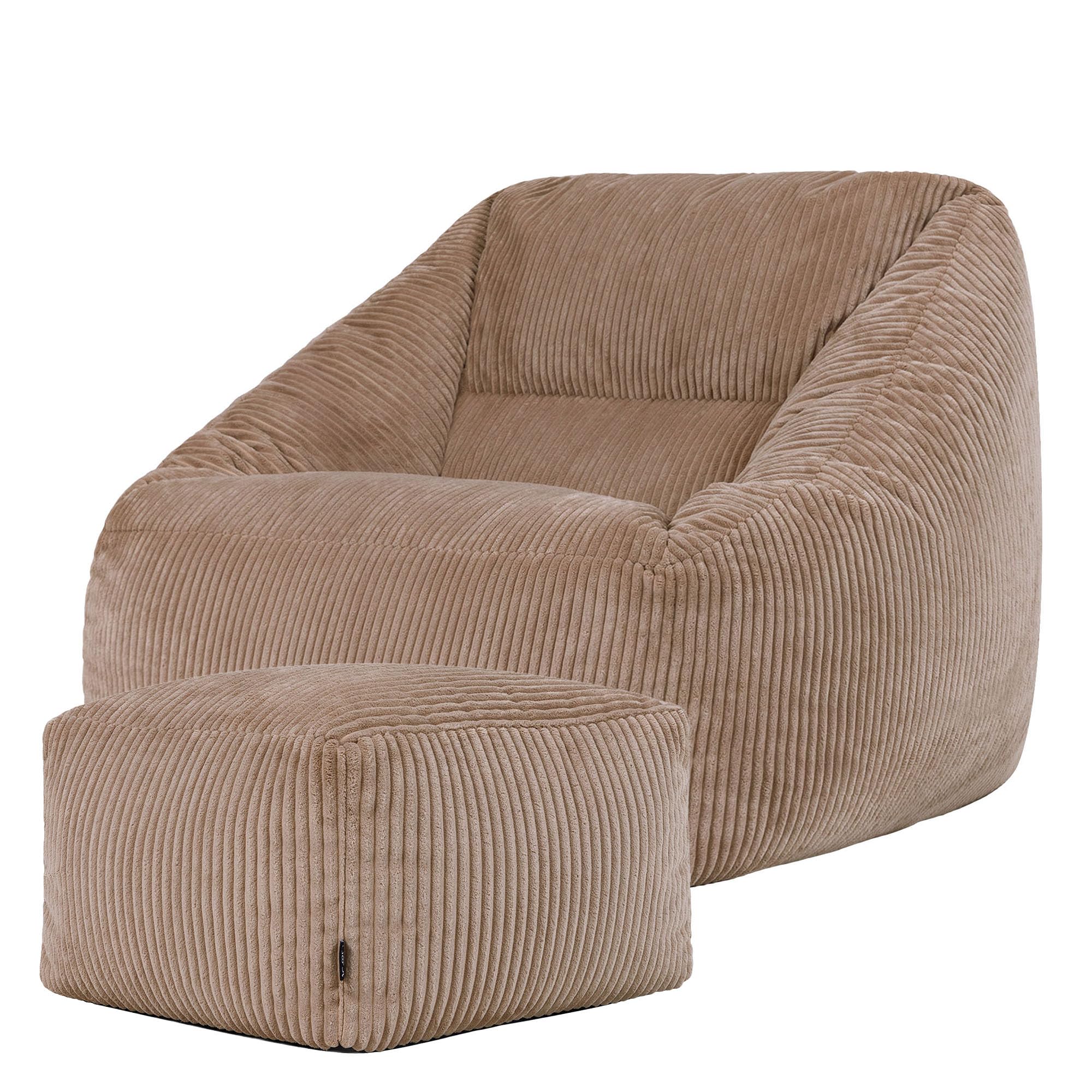 Icon Natalia Sitzsack Sessel mit Hocker für Erwachsene, Mokkabraun, Flauschiger Cord Stoff, Riesen Sitzsack Cord mit Füllung, Bean Bag Chair, Bequemer Sessel Wohnzimmer, Lounge, Schlafzimmer, Büro
