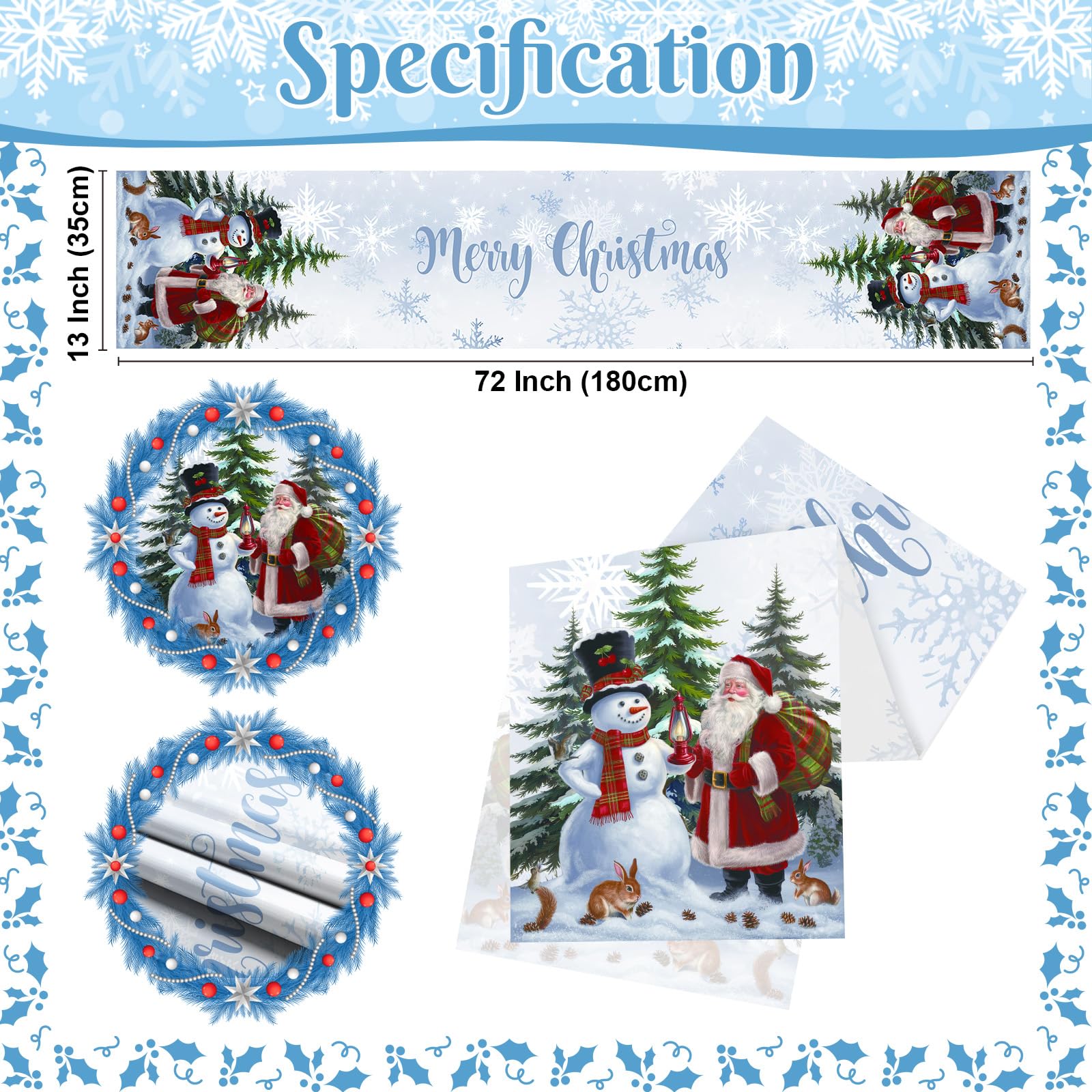 Froova Snow Christmas Table Runner, 13x72 Inch White Santa Claus & Snowman Forest Xmas Table Runner - Image 2