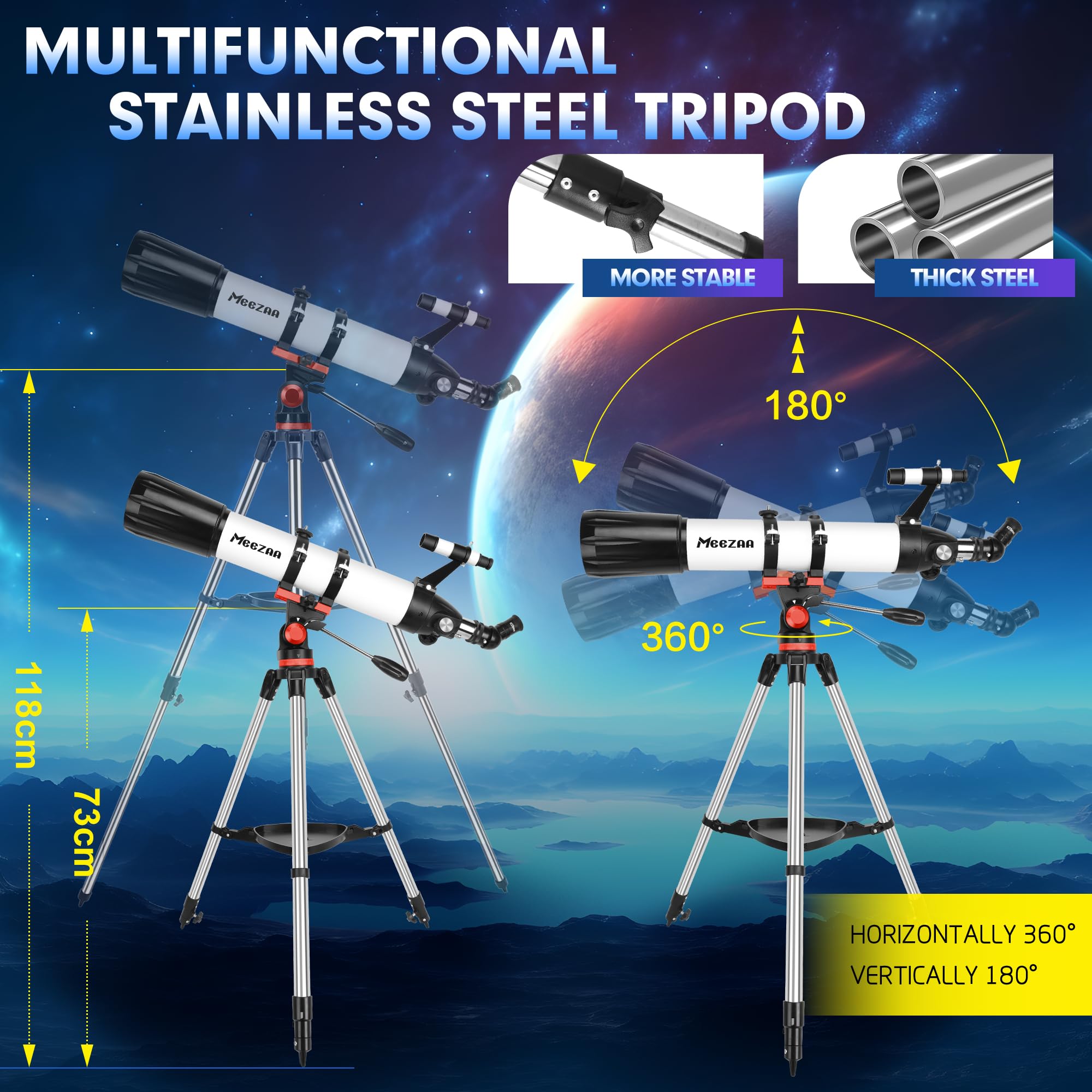 MEEZAA Teleskop, Teleskope für Erwachsene Astronomie Profi, 90mm Blende 800mm AZ Mount Refraktor Teleskop für Kinder und Anfänger, Teleskope Astronomisches zur Beobachtung von Mond und Planeten