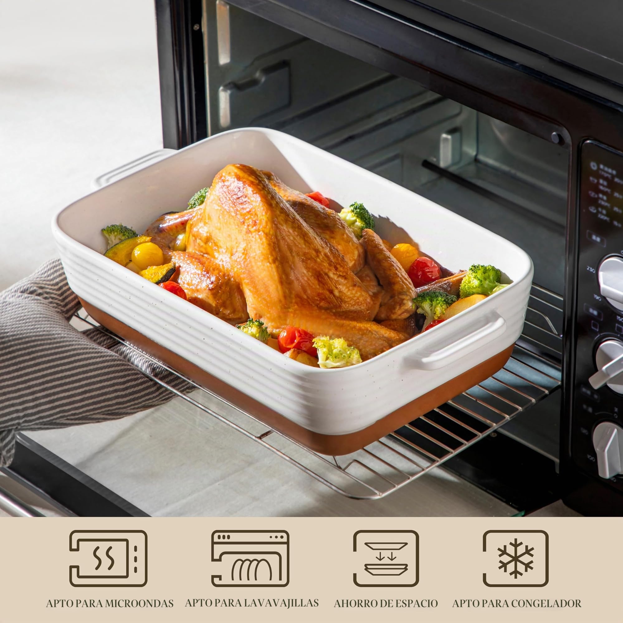 MALACASA Serie TARA, Set de 3 Fuentes de Horno de Gres con Asas, 3800ml, 2700ml y 1450ml, Ideal para Lasañas, Gratinados, Asados y Verduras al Horno, Blanco Vainilla con Esmalte de Sésamo y Caqui
