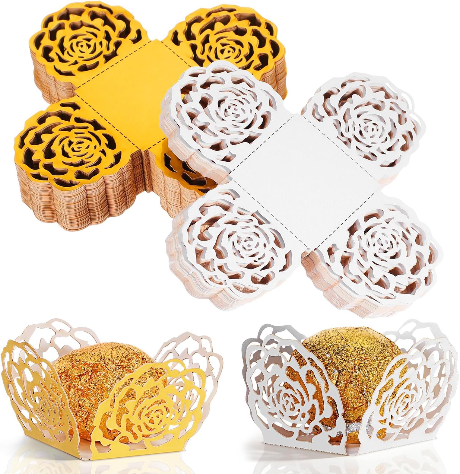 BESPORTBLE 100 Pcs Truffle Wrappers Paper, Hollow-out Rose Flower Chocolate Liners, Dessert Cups for Wedding Party Favor Decor