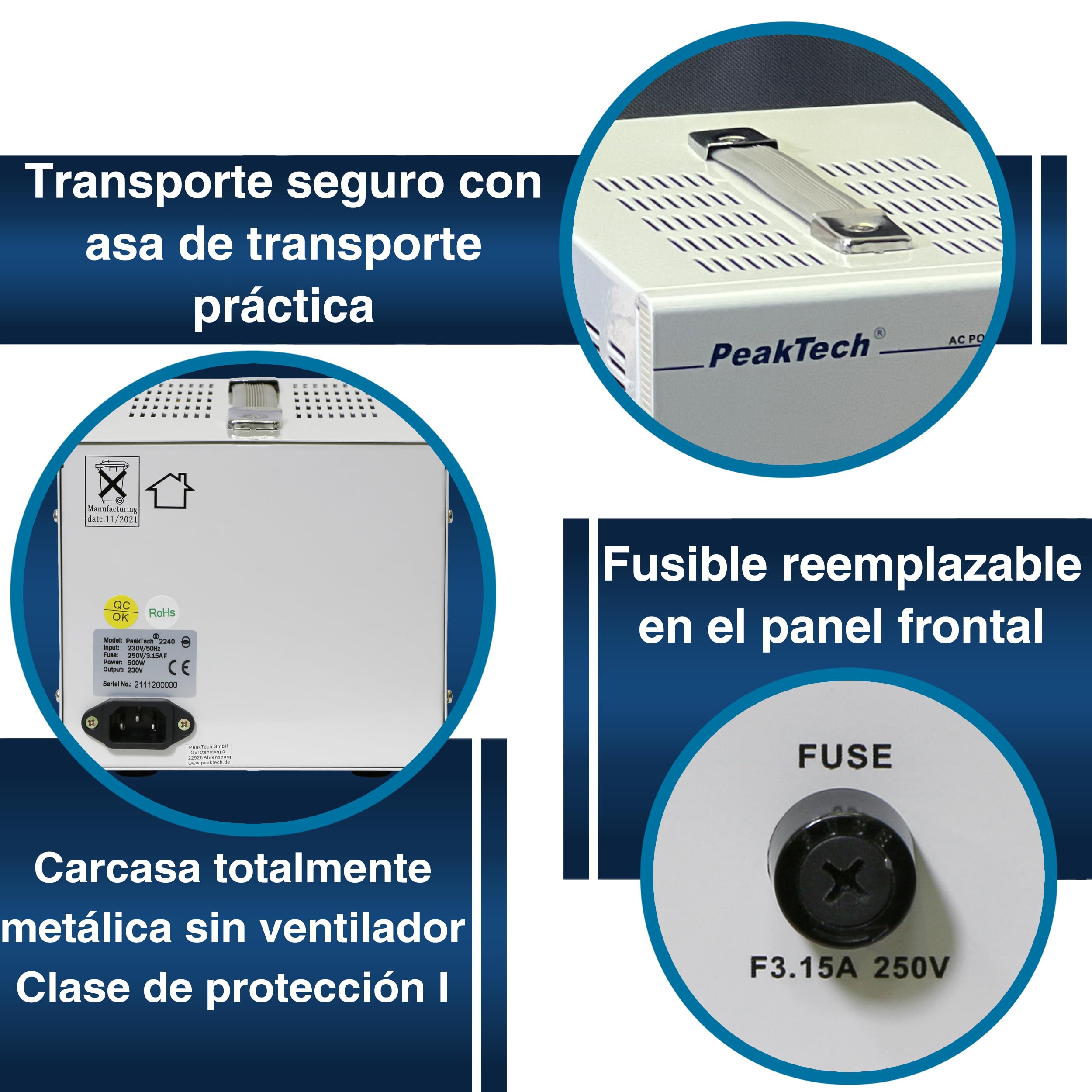 PeakTech 2240 - Transformador de Aislamiento, Dispositivo de Medición, Toroidal, Galvánico, Clase de Protección 1, Uso Móvil, Voltaje de Entrada 230 V, Potencia de Salida 500 W - 160 x 125 x 235 mm
