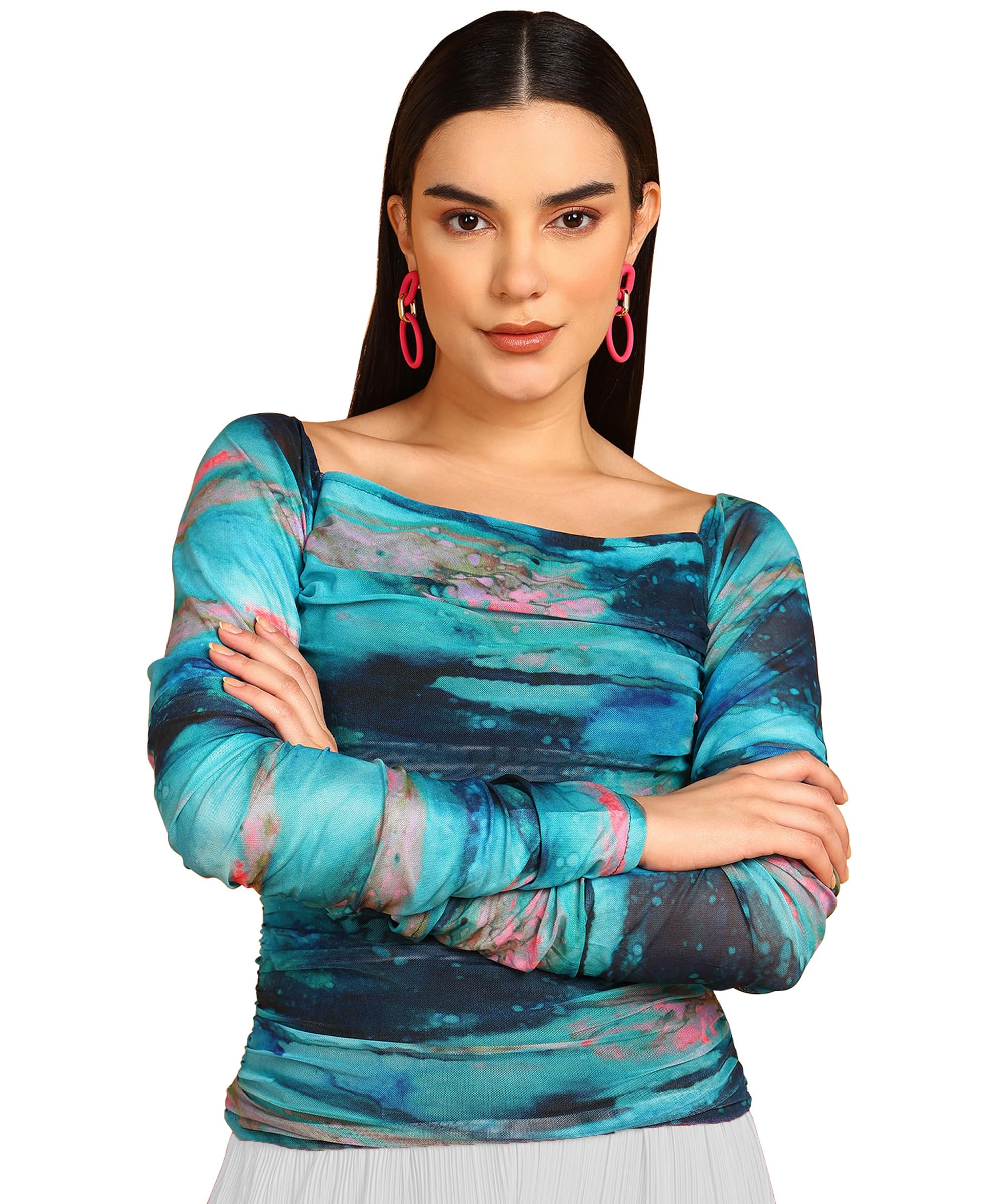 Women's Multi Color Printed Ruched Top (X-Large, Multicolor)