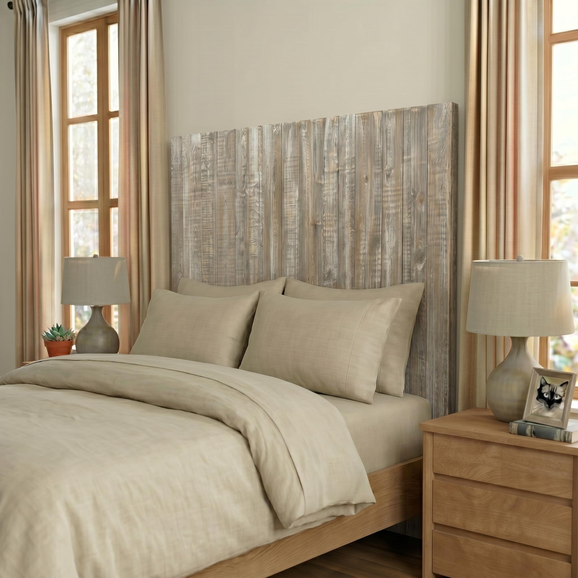 Barn Walls Solid Wood Headboard King Size Graywash Finish, Wall Mounted Headboard Panel with Natural Wood Grain, Adjustable Height, Farmhouse Rustic