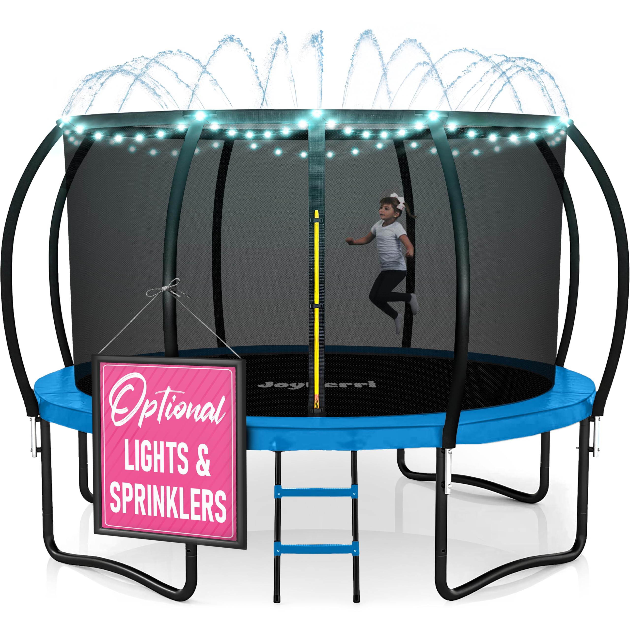 Photo 1 of JoyBerri Trampoline Outdoor - Upsurge ASTM Certified Safe 8Ft 10Ft 12Ft 14Ft 15Ft 16Ft Recreational Trampoline for Kids and Adults. Anti-Rust Coating with Enclosure Net, Ladder, Sprinkler & LED Lights