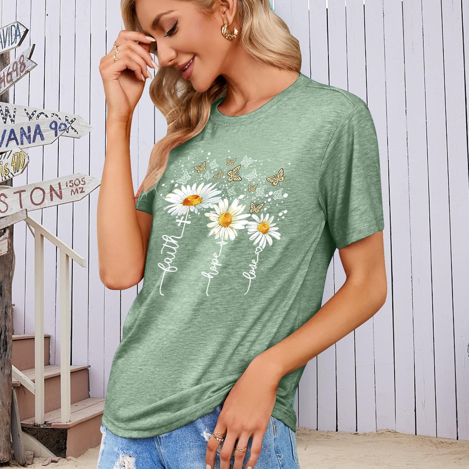 Women's Cute Christian Shirts,Daisy and Butterfly Print Faith T-Shirt Crewneck Short Sleeve Summer Tops Blouse - Image 7