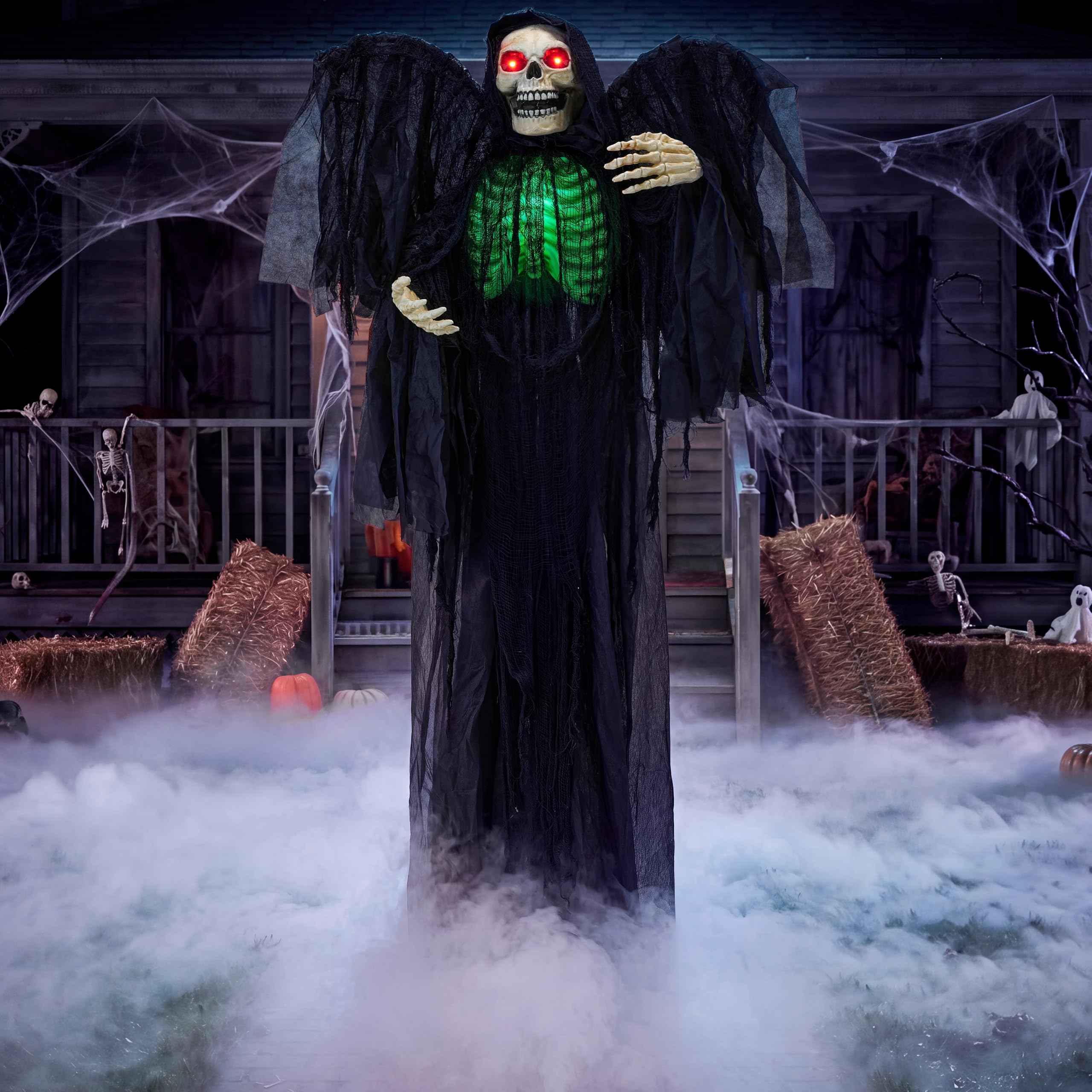 JOYIN 63" Halloween Animatronic Grim Reaper Decoración con alas, Fantasma de pie de tamaño Real con Ojos iluminados, Sonido Espeluznante y Cuerpo móvil
