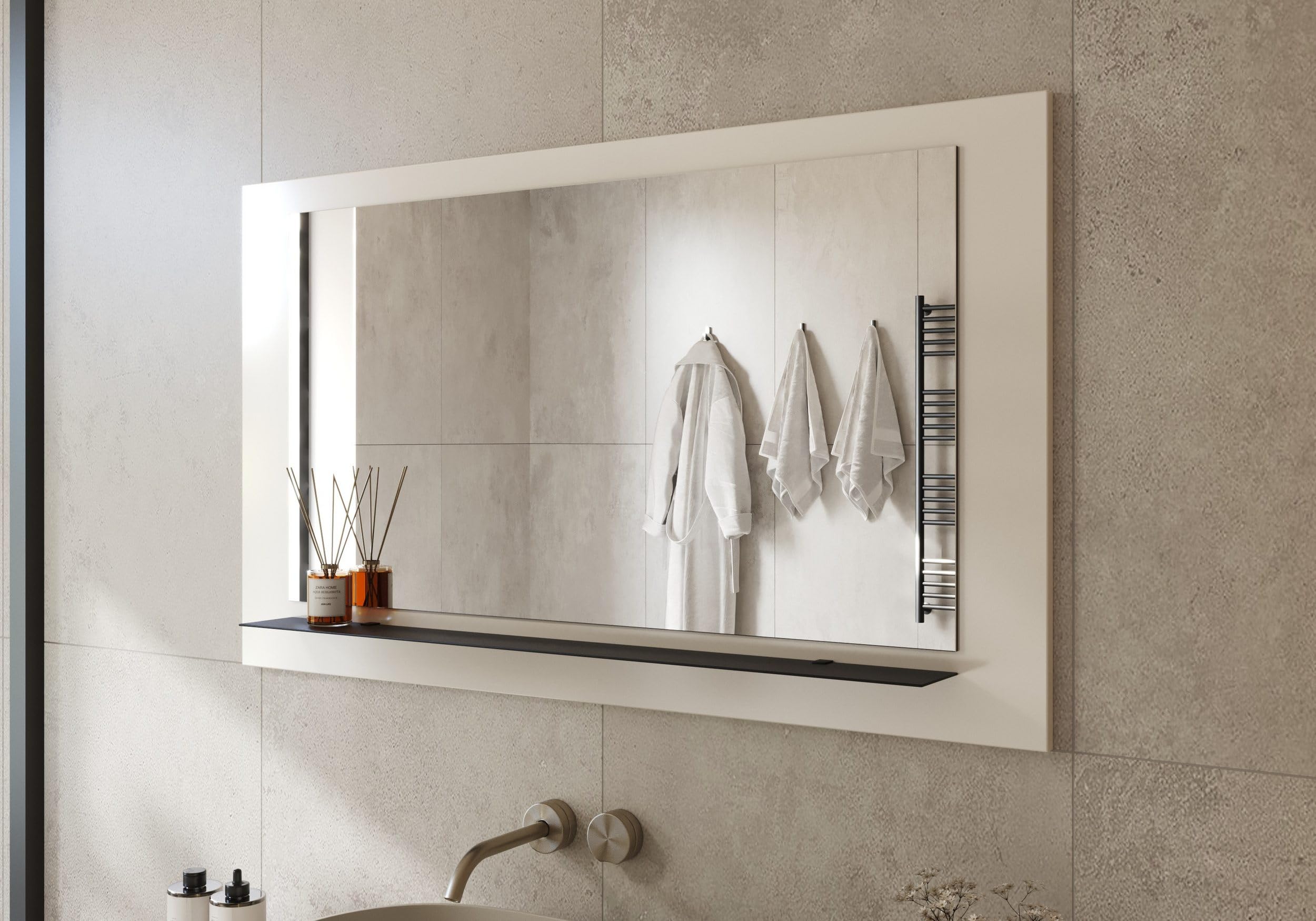 Anina Spiegel auf dekorativen Holzplatte 90x60 cm Weiß, Wandspiegel im modernen Stil mit elegantem Rahmen und Befestigung