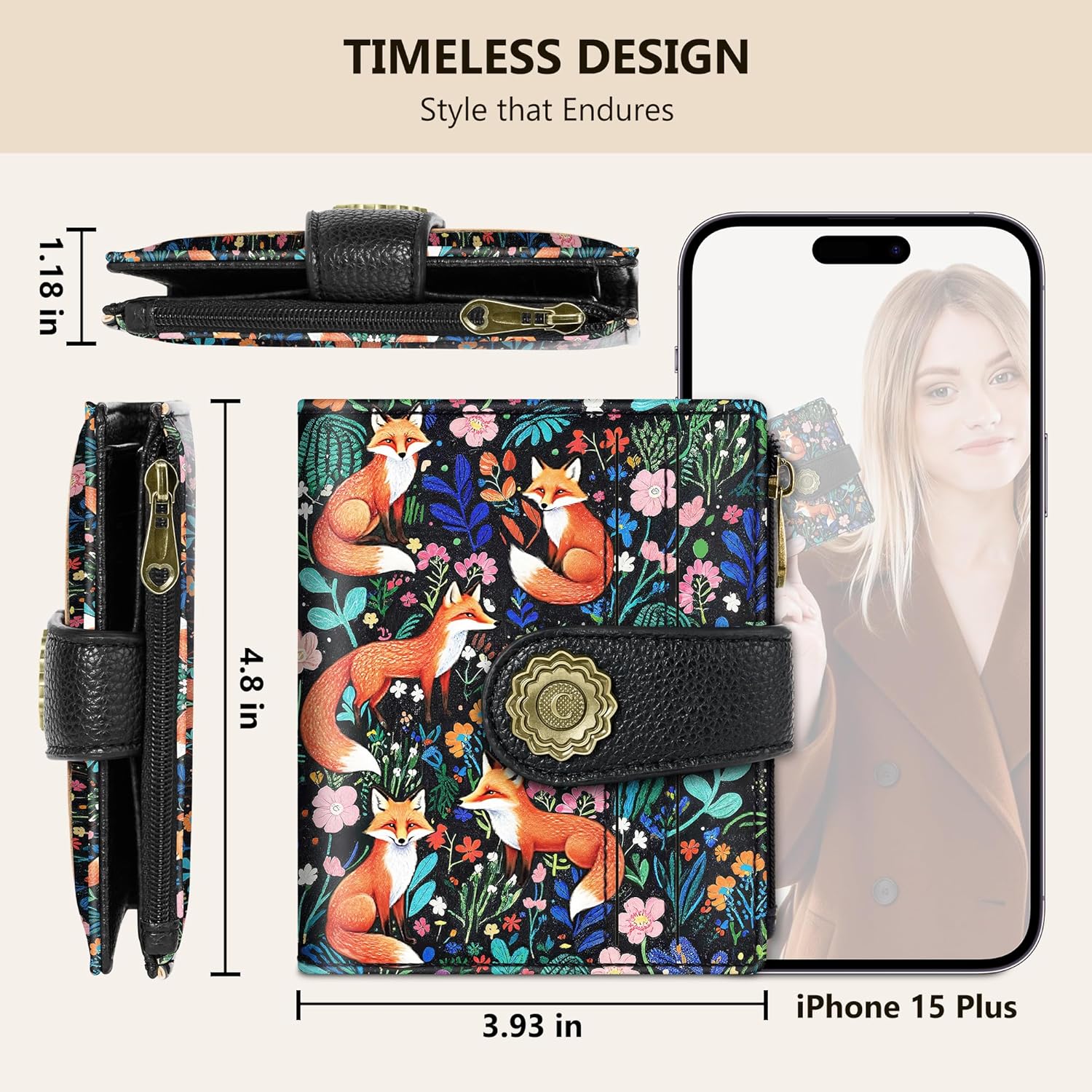 Chelmon Fox Flowers Small Wallet Woman RFID Blocking, PU Leather Bifold Credit Card Ladies Wallets with ID Window, Cute Zipper Coin Pocket Purse for Girls - Image 5