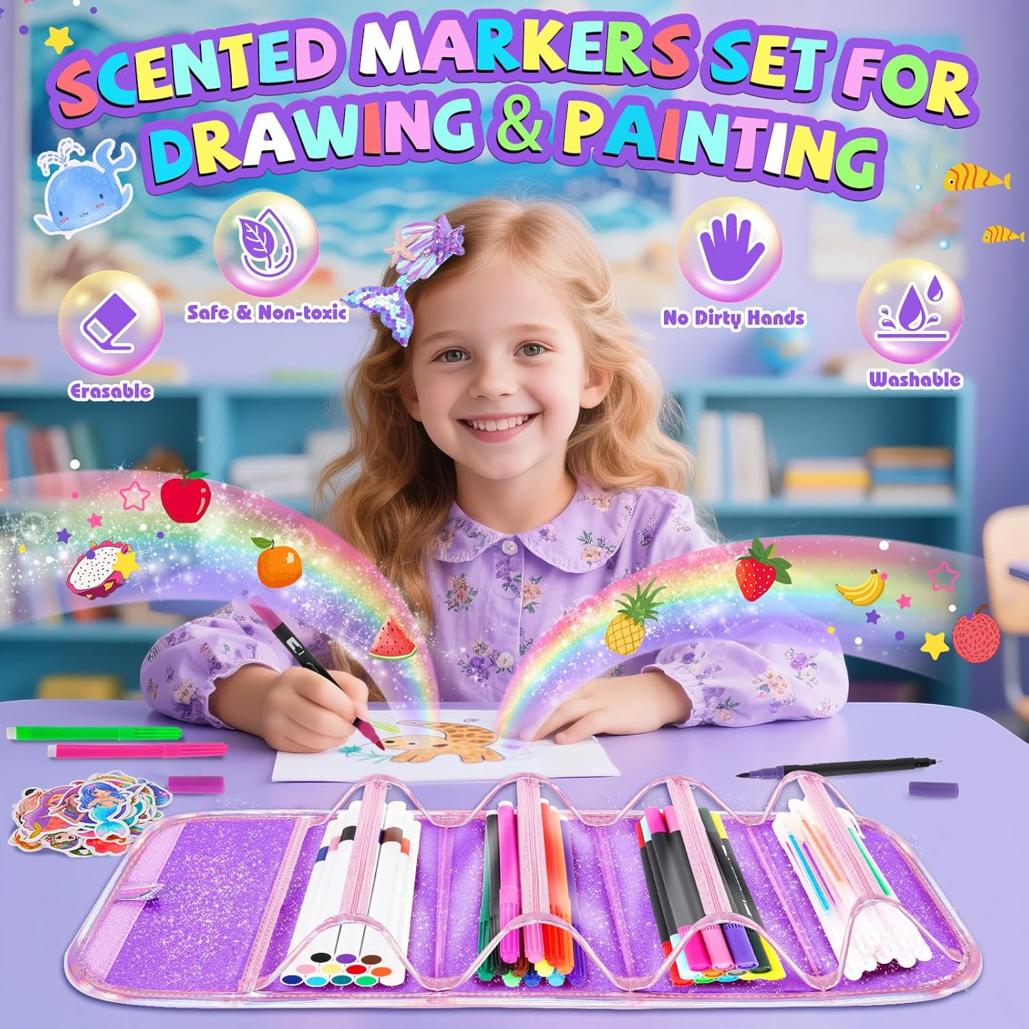 Mermaid Washable Markers Set 72 pcs with Glitter Pencil Case, Art Supplies for Kids Ages 4-6-8, Arts Crafts Coloring Set with Stickers and Jewelry Set - Birthday Gifts for Girls 4 5 6 7 8 9 Year Old