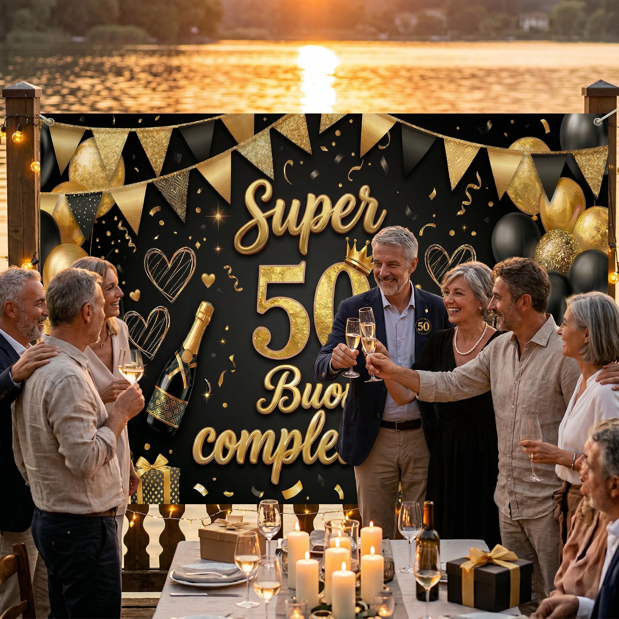 Striscione di Compleanno 18 30 40 50 60 70 80 Anni, Compleanno Festa Decorazioni Oro Nero, Fondale per Decorazioni del Buon Compleanno Decorazione 180x115 cm, (50 Anni) - 3
