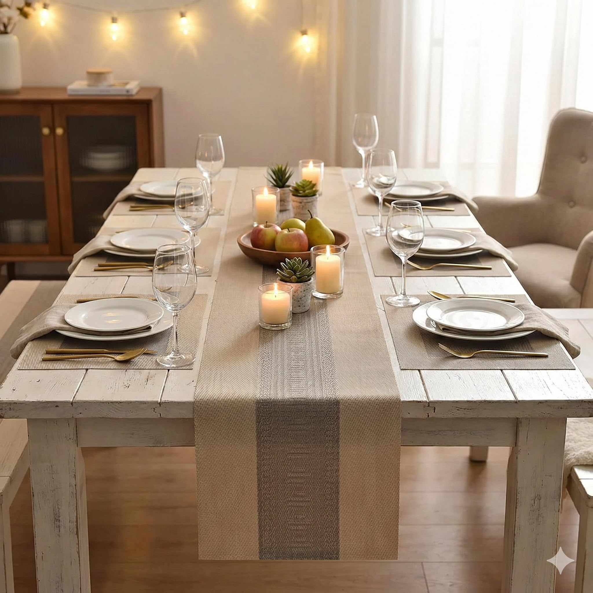 YELONA Placemats and Table Runner Set – Heat Resistant, Non-Slip & Washable PVC Vinyl Dining Table Mats – Almond Beige (6 Placemats: 45x30 cm, 1 Runner: 180x30 cm)