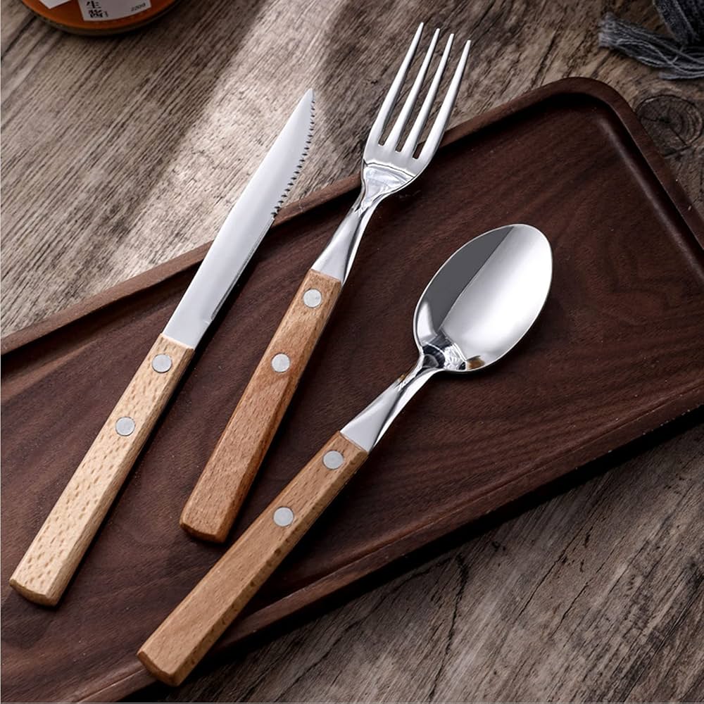 Amazon | 銀器セット、木製ハンドル ステーキ ナイフとフォーク