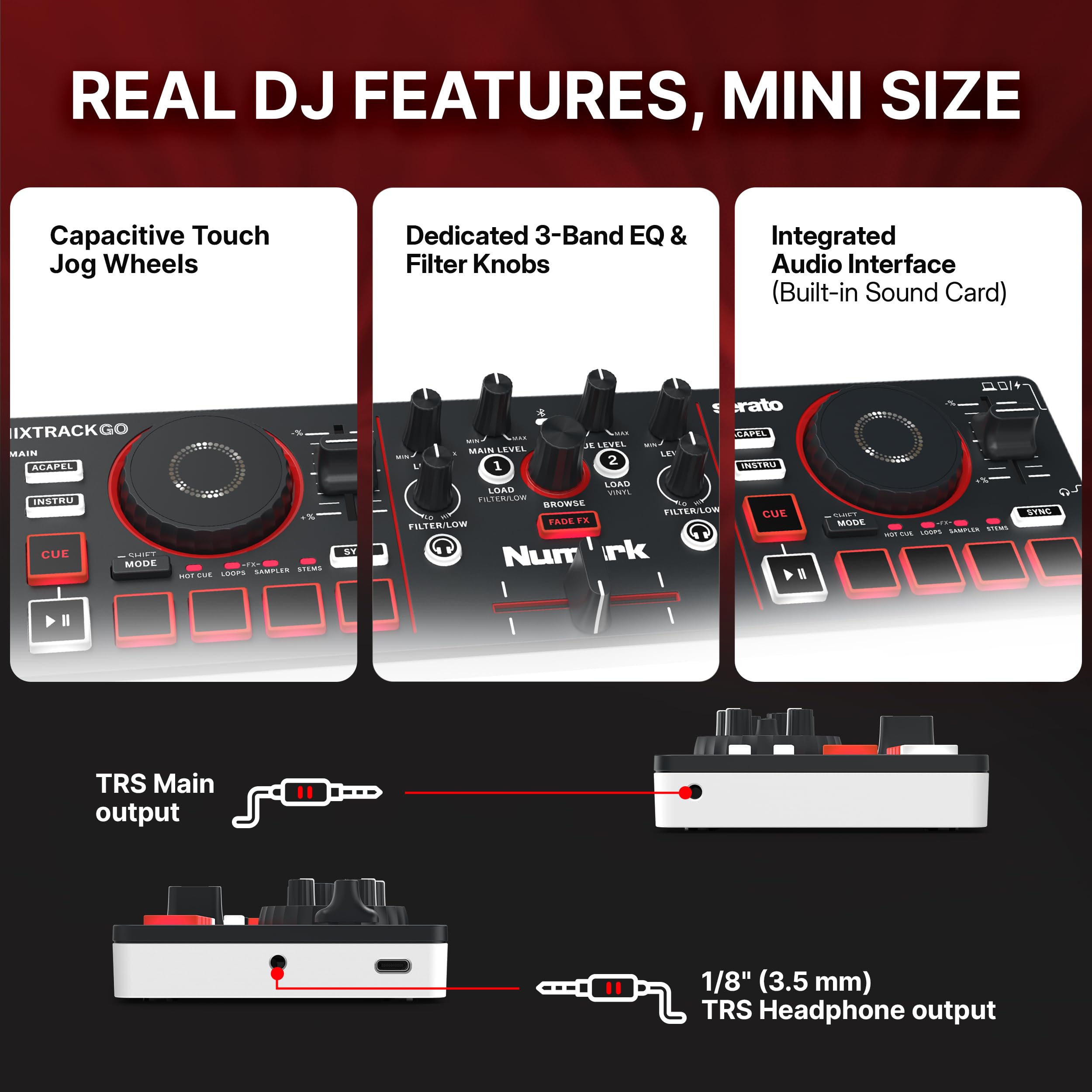 Numark MixTrack Go Kompaktowy Kontroler DJ Bluetooth z Funkcją Stems | 2-Deck Mikser DJ dla Początkujących i Mobilnych, Smart Fader, Beat Assist, USB-C, Serato DJ Lite & Algoriddim djay, Gen 4