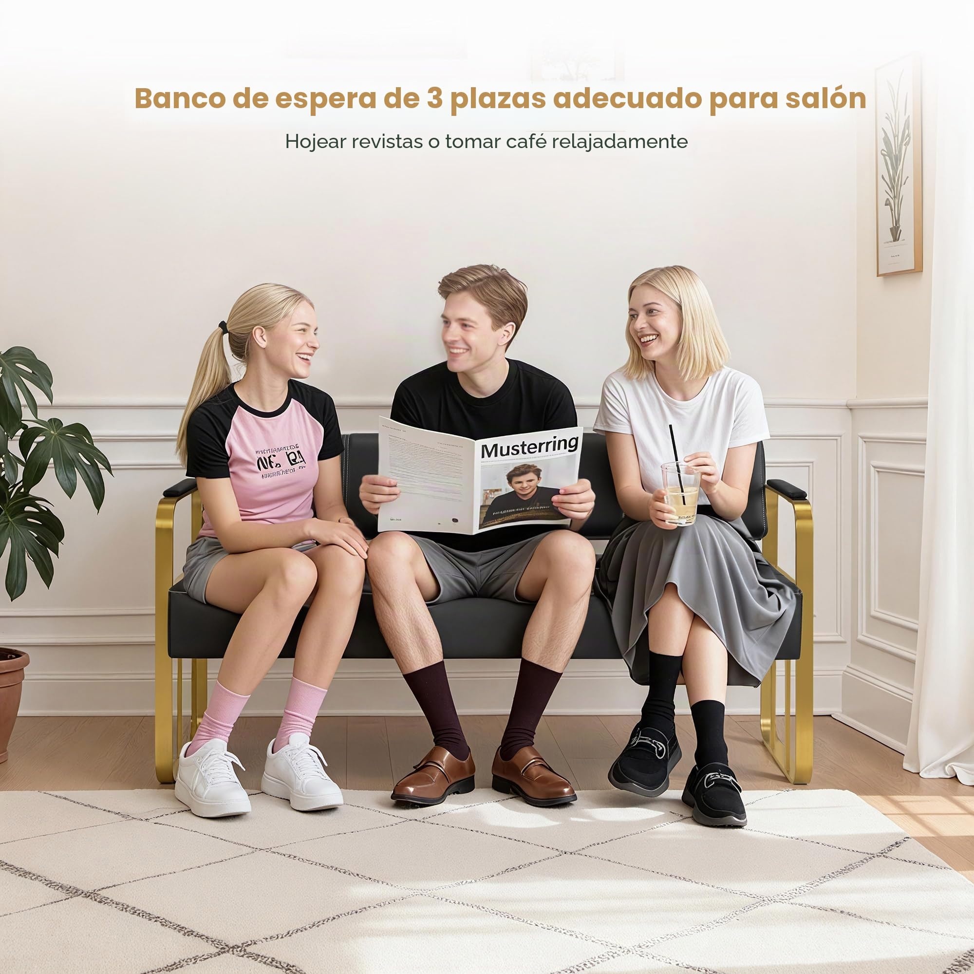 BarberPub Banco de 3 plazas reposabrazos Dorados, Banco Acolchado con Respaldo de 140 cm, Banco de Espera para peluquería, mobiliario para peluquería W528 (Negro-Oro/Cuero sintético)