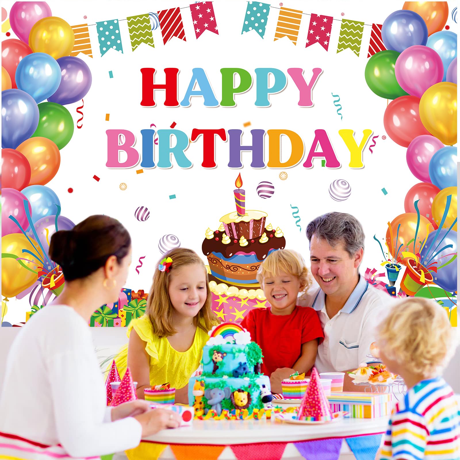 LYWYGG Happy Birthday Hintergrund 2,1 X 1,5 M – Bunte Partydekoration Für Kindergeburtstage Indoor & Outdoor
