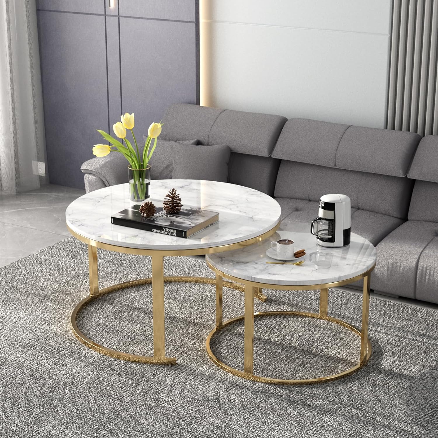 Nesting Coffee Table Set of 2, 32" Round and Marble Pattern Wooden Tables with Metal Frame Base, Stacking Nesting Tables for Living Room Bedroom Office, Easy Assembly & Cleaning (Double White M1)