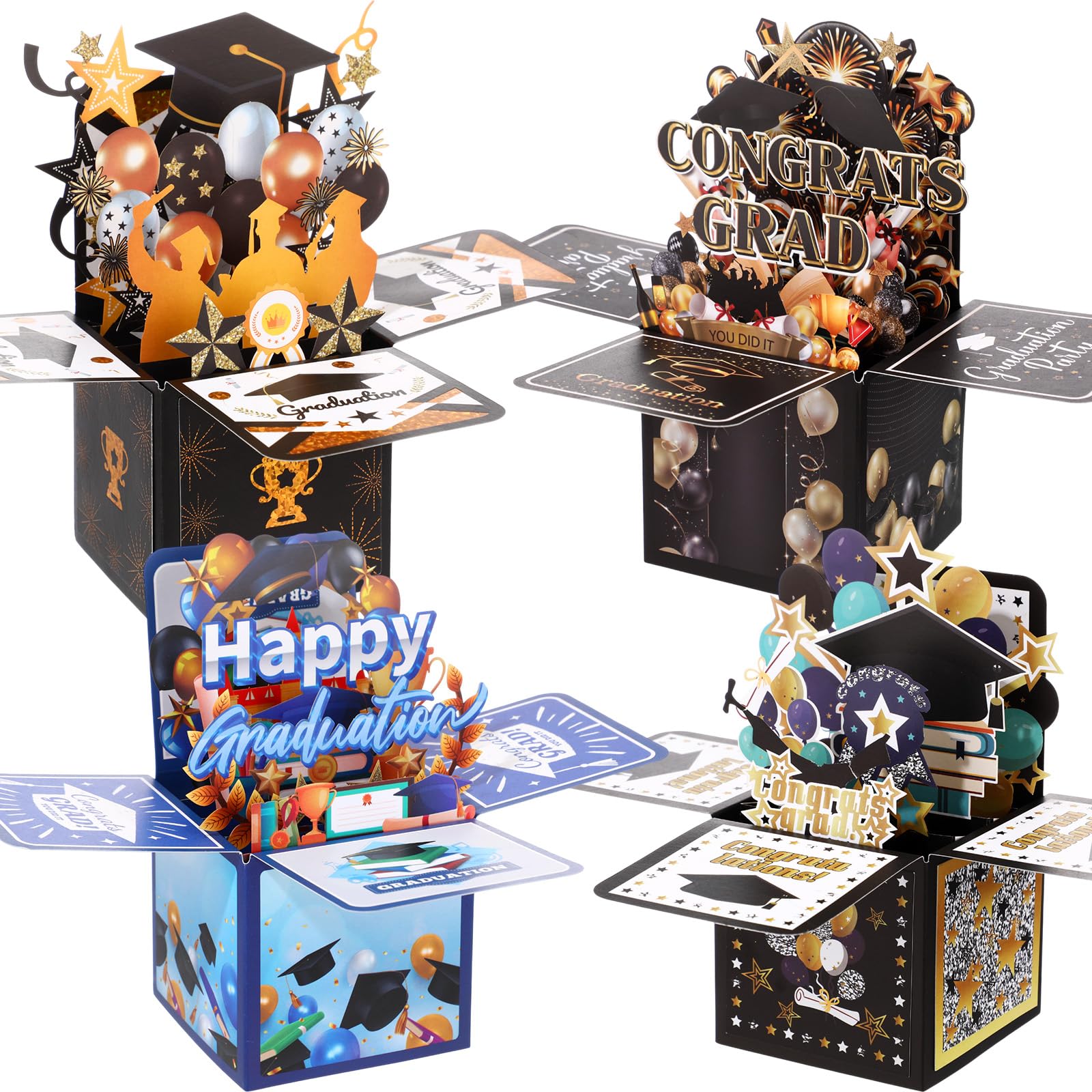 Spakon 4 Pcs Graduation Pop up Card 2025 3D Happy Graduation Congrats Grad Greeting Card Box with Envelope and Note Congratulation Gift for Him Her