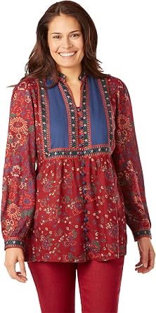 Woman Within Button-Front Mixed Print Tunic
