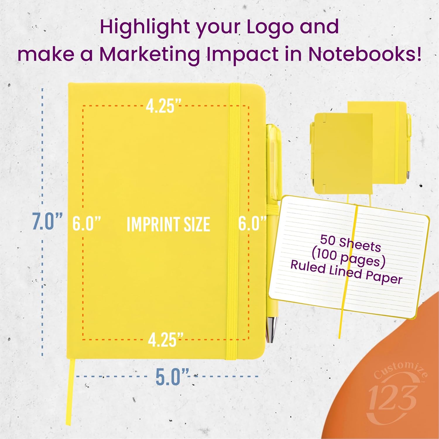 Personalized Notebook Journal – 5” x 7” Customized Notebook with Name, Text or Logo - 100 Page Custom Journal. Leatherette Hardcover & Pen - Yellow 75 Pack