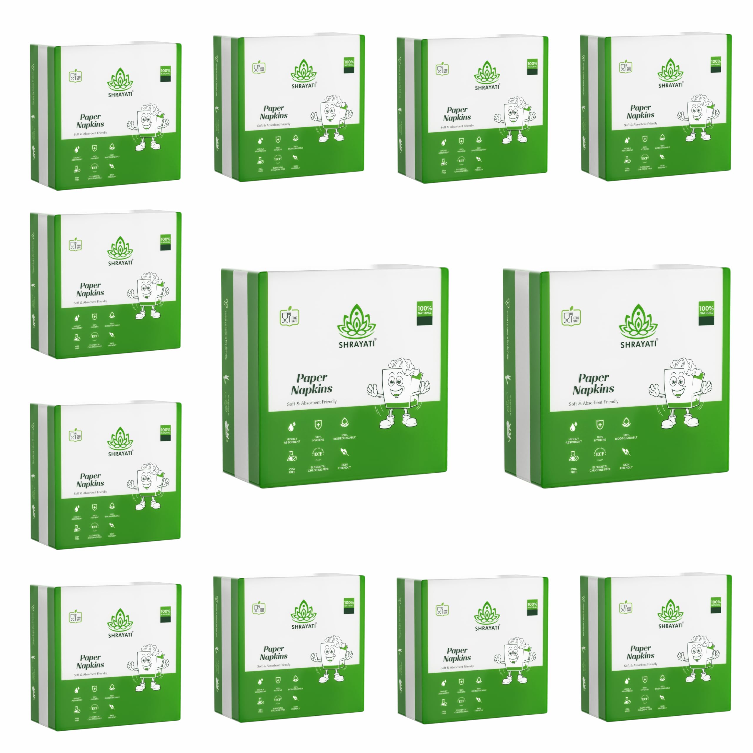 Shrayati Tissue Papers - 1 Ply, 28 x 30 cm, Pack of 12, Super Soft and Highly Absorbent Tissue Paper Napkins, 100 pcs per pack, 100% Biodegradable, Skin-Friendly Tissue Box-image-3