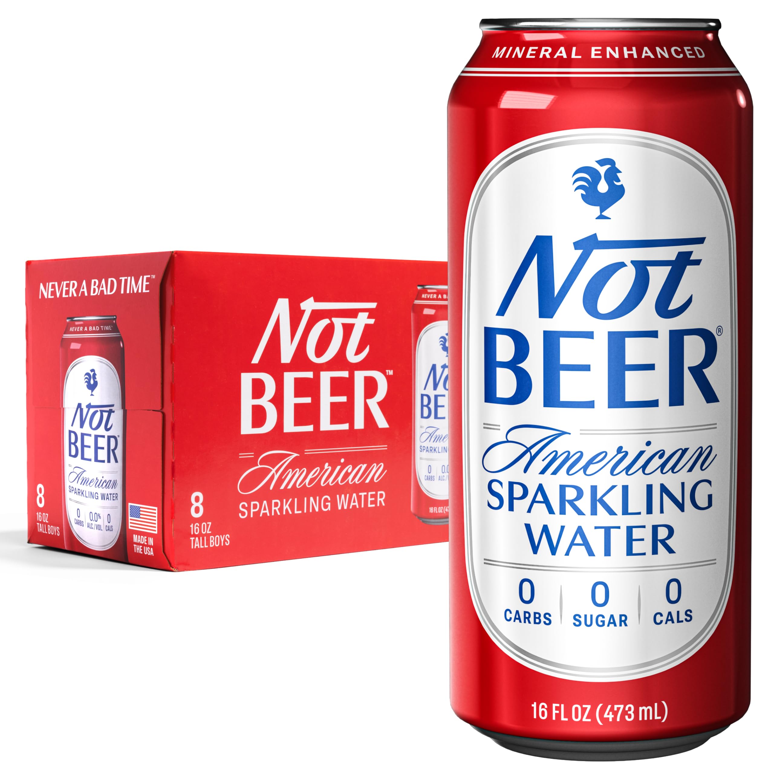 Not Beer American Sparkling Water, Original, 99.9% Pure, Mineral & Electrolyte Blend, Unflavored Carbonated Water, Made in America, Plain Sparkling Water, 16 Oz Tallboy Cans, 8 Pack