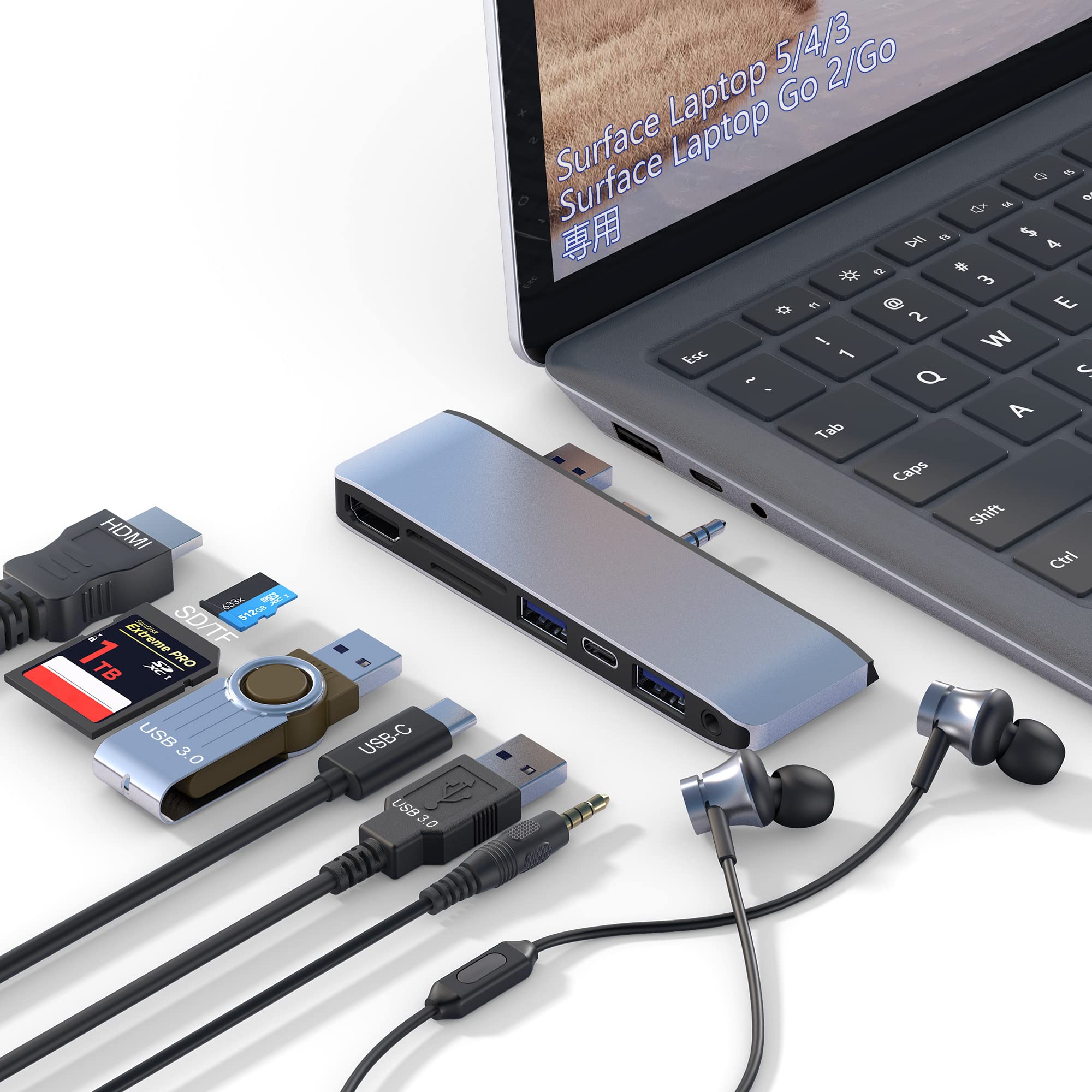 Surface Laptop 5/Laptop 4/Laptop 3/Laptop Go 2/Go USB ハブ 4K@30Hz HDMIポート +  USB 3.0*2 + Type-C + SD/TFカードスロット + 3.5mmオーディオポート マイクロソフト Surface Laptop ...