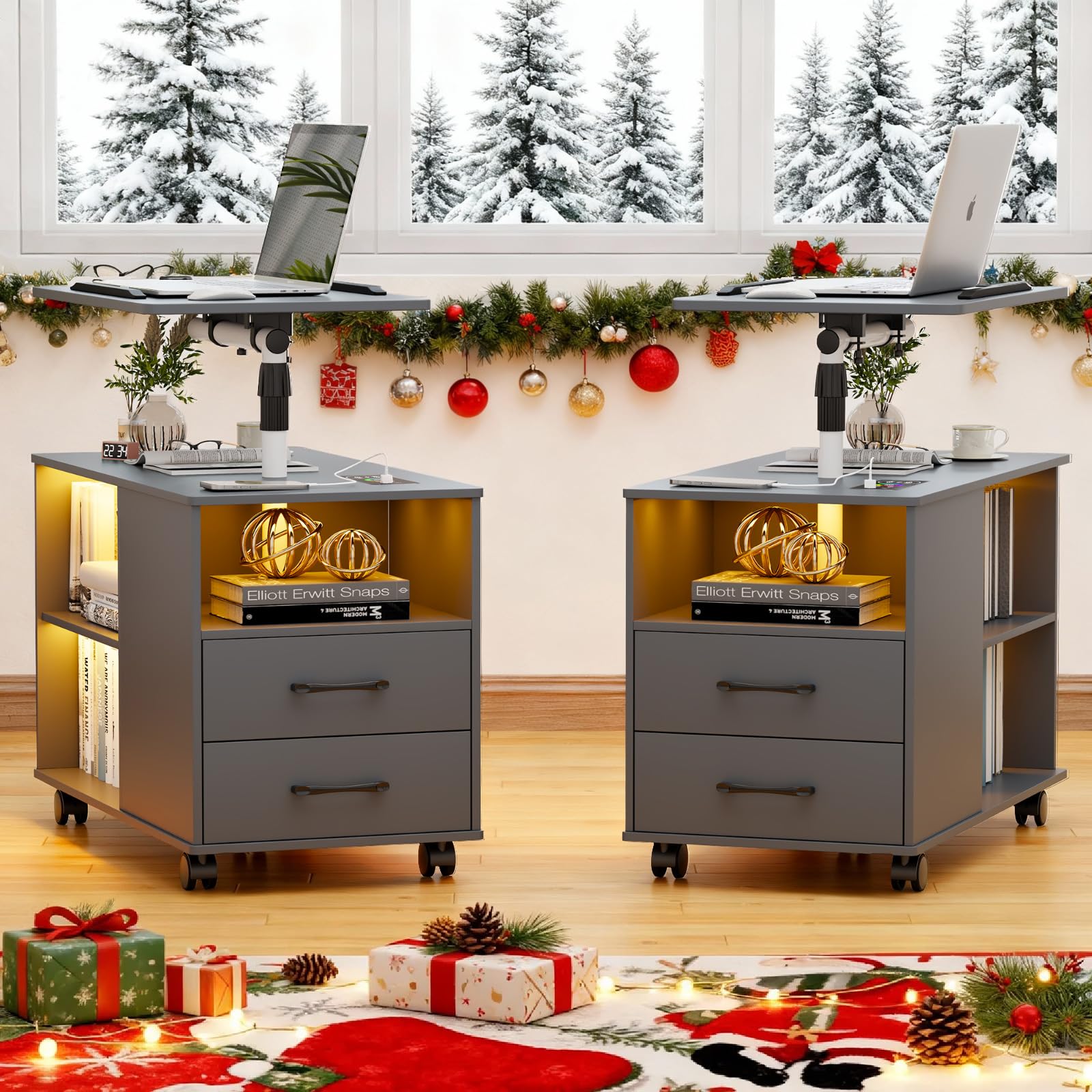 JDPAG Set of 2 Night Stand with 360° Laptop Tray,Nightstand with Charging Station,Modern Bedside Table with 24-Color Human Sensor Lights,Large End