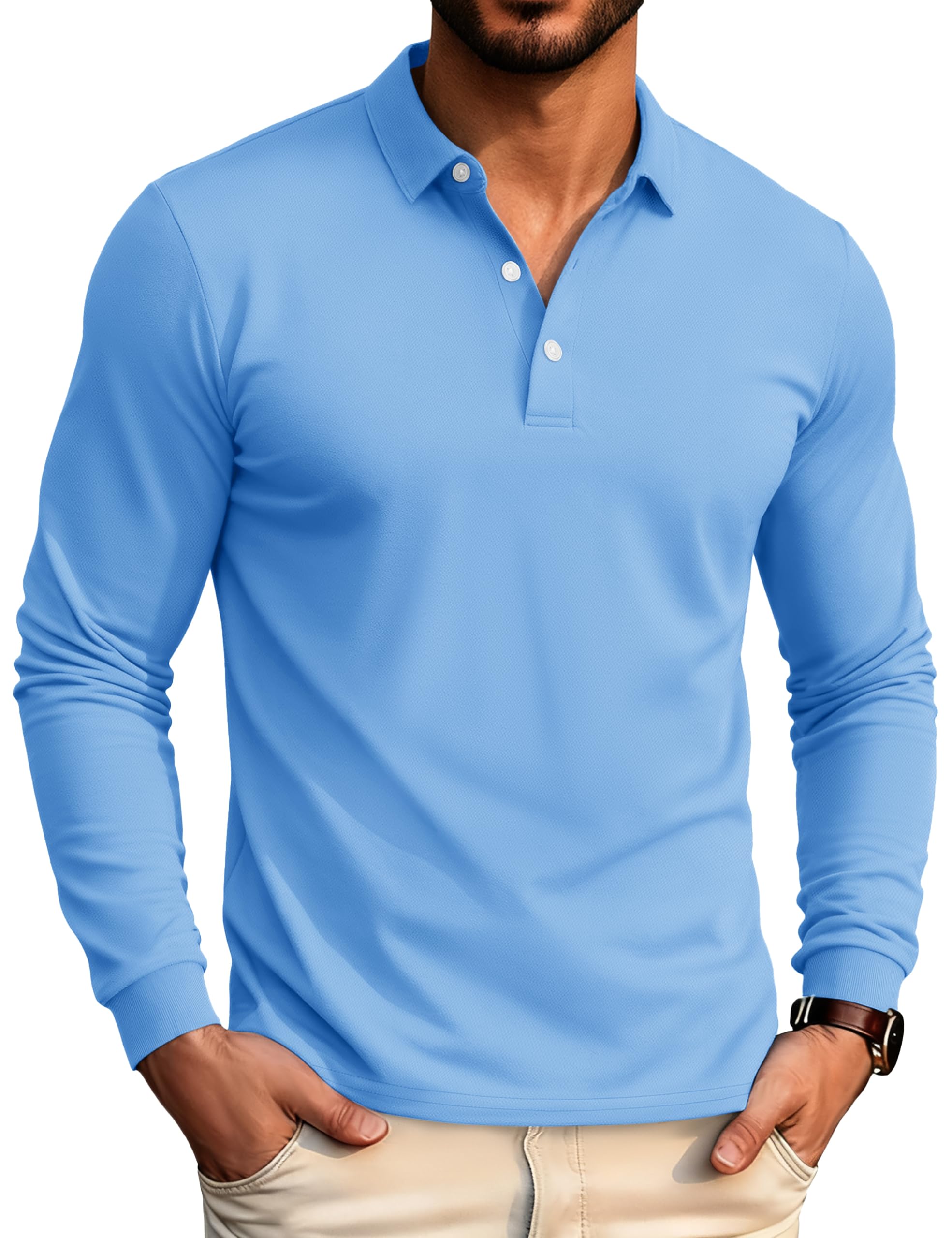 Men's Polo Shirt Long Sleeve Golf Shirts Quick Dry Lightweight 3-Button Performance Work Fishing Athletic
