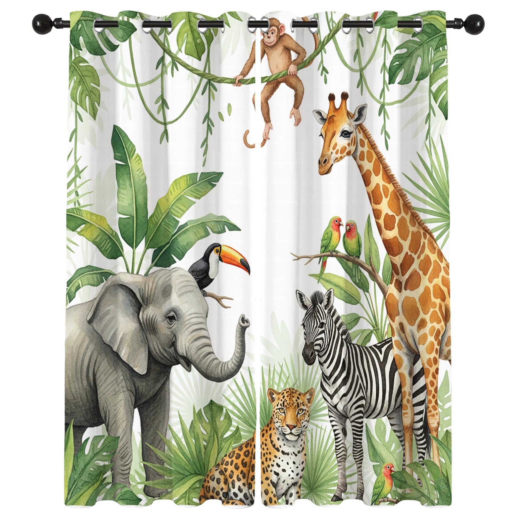 Rideau Occultant Thermiques Animaux de La Jungle Enfant - Lot de 2 Rideaux Imprimé pour Salon Chambre Fenetre Cuisine, Rideaux et Draperies Intérieurs à Oeillets, 140x200 cm (LxH)