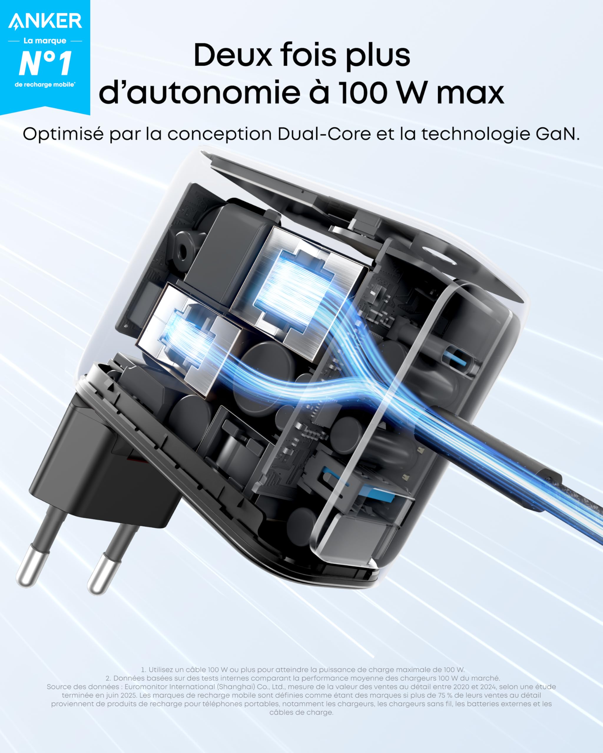 Anker Chargeur USB C 100W Max 3 Ports, Adaptateur Ordinateur Portable Mural GaN et Ultra-Compact, écran Intelligent et Contrôle Tactile, pour MacBook, iPad, iPhone séries 17 16 15 et Plus