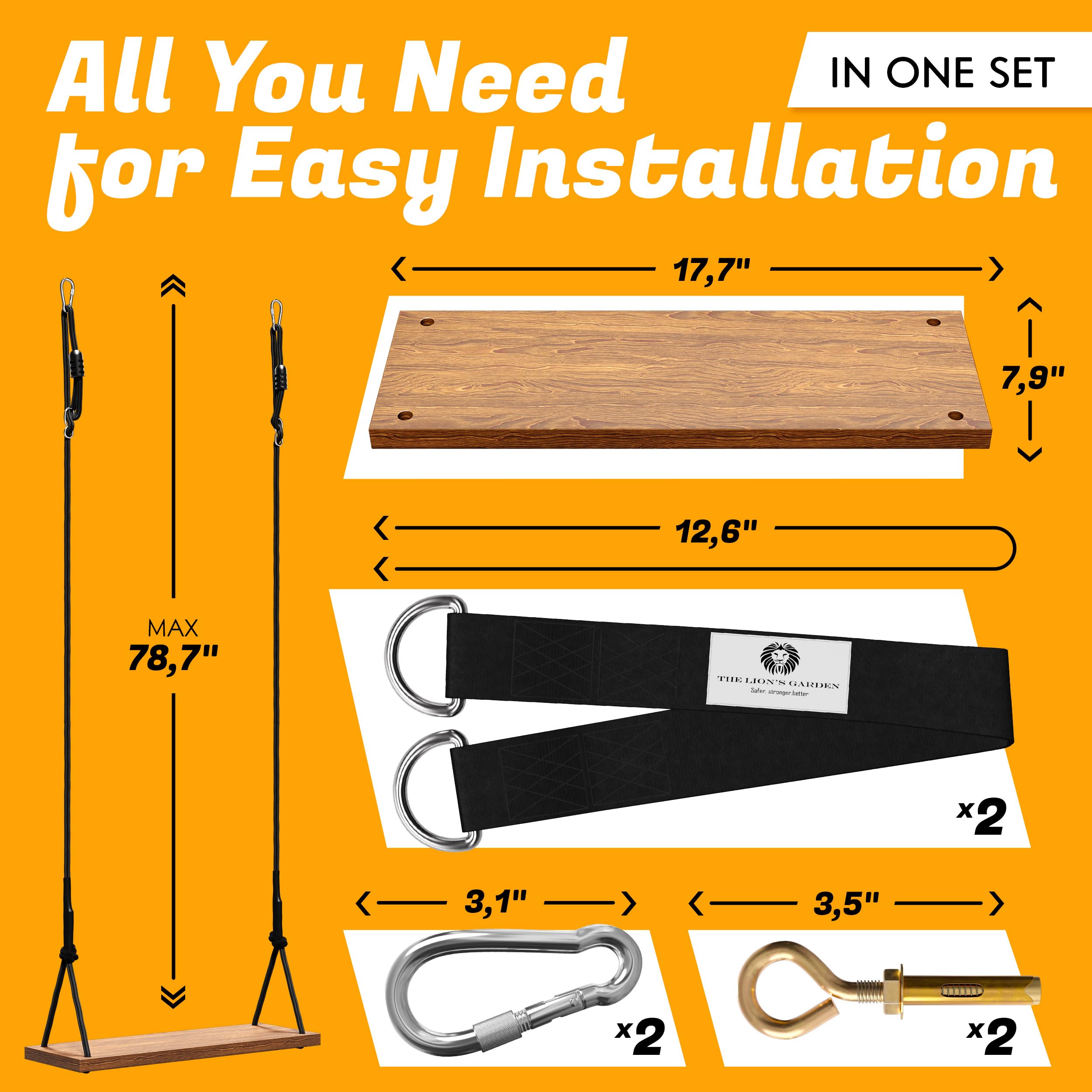 The Lion's Garden Swing with Tree Straps (32 cm Straps Carbonized Wooden Swing 17.7in)