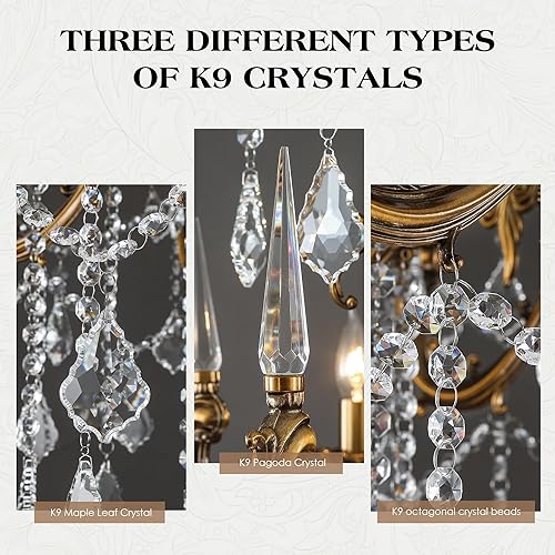 Miniatura 2 de Candelabros de cristal de bronce antiguo de lujo con lámpara colgante de vela, lámpara de techo de 6 luces de cristal dorado para comedor, sala de