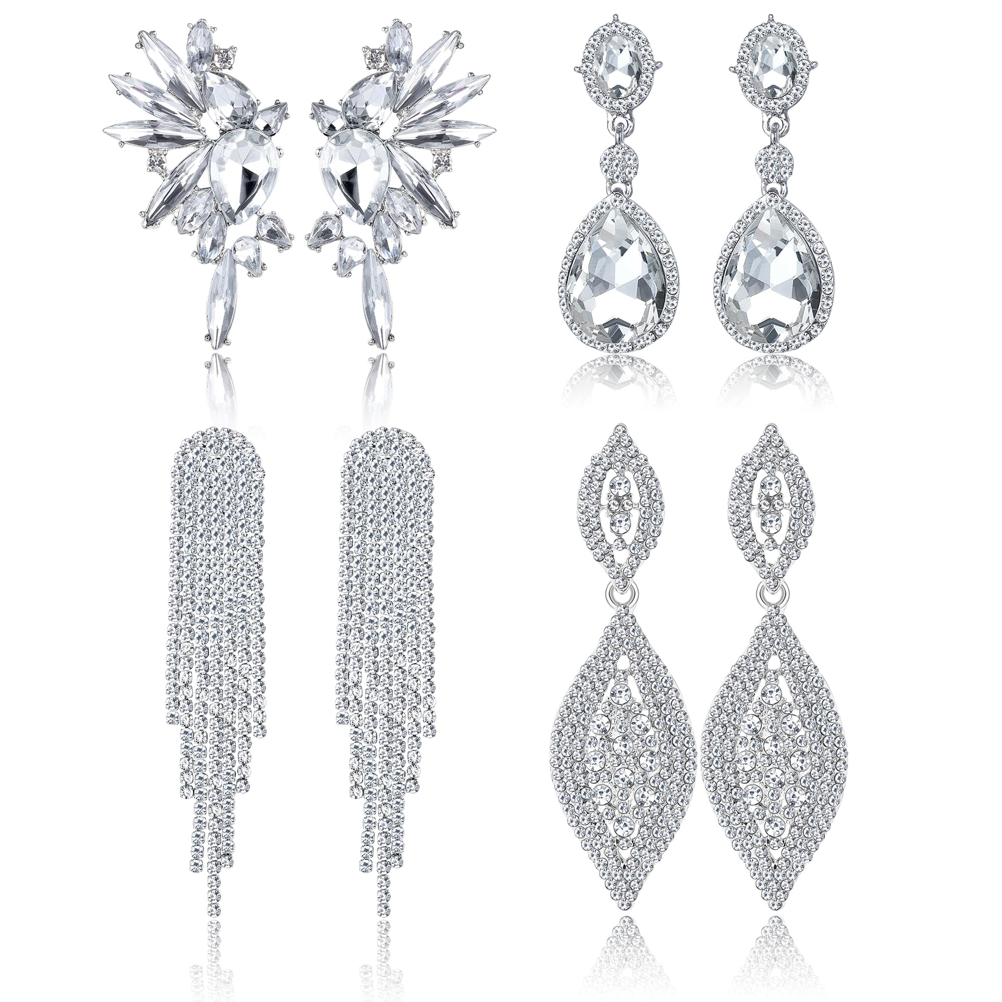 Sanfenly Clip On Earrings Women Dangle, Large Long Dangling Non Pierced Earrings Elegant Formal Big Bling Rhinestone Crystal Simulated Diamond Clip