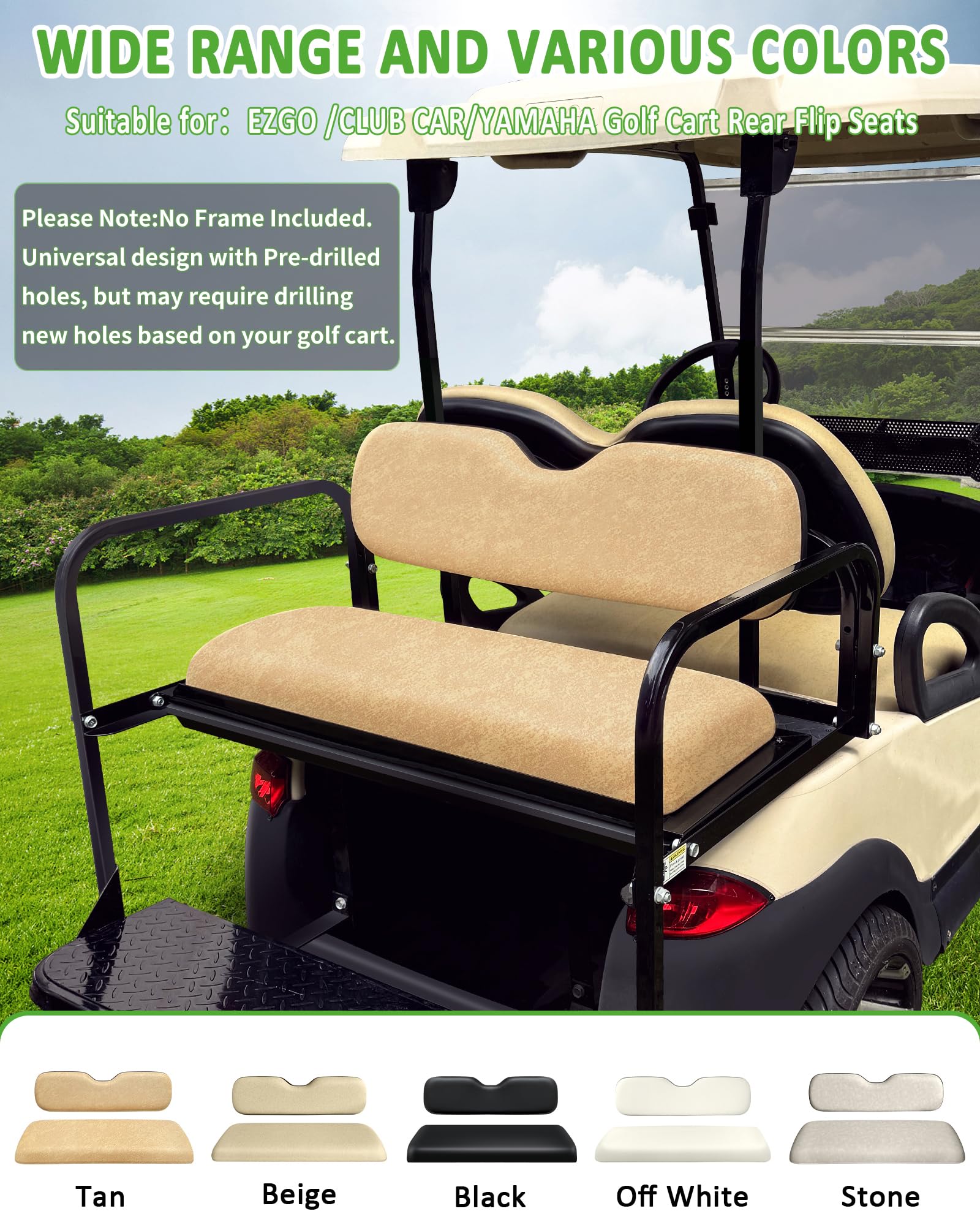 EZGO TXT - Asiento trasero abatible para carrito de golf, cojines traseros universales de repuesto para carrito de golf EZGO/Yamaha/Club Car Asiento trasero plegable, cojín inferior del asiento