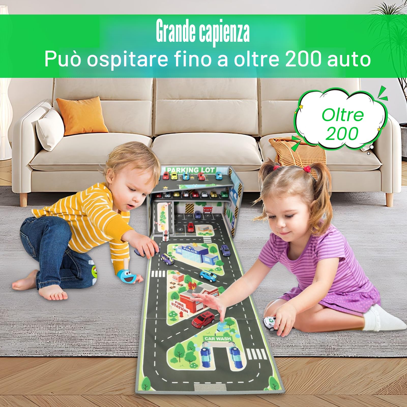Scatola Portaoggetti per Auto Giocattolo, Pieghevole Garage per Bambini con Tappetino da Gioco, Baule Portagiochi Bambini con Coperchio