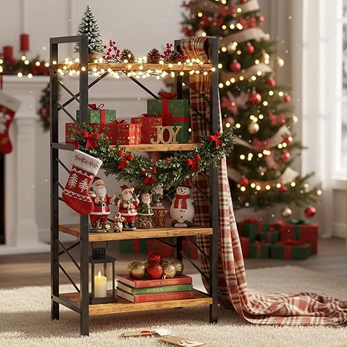 Miniatura 4 de Estantería de 4 niveles, estantería industrial con marco de metal y barras laterales, estantería pequeña para dormitorio, oficina en casa y sala de