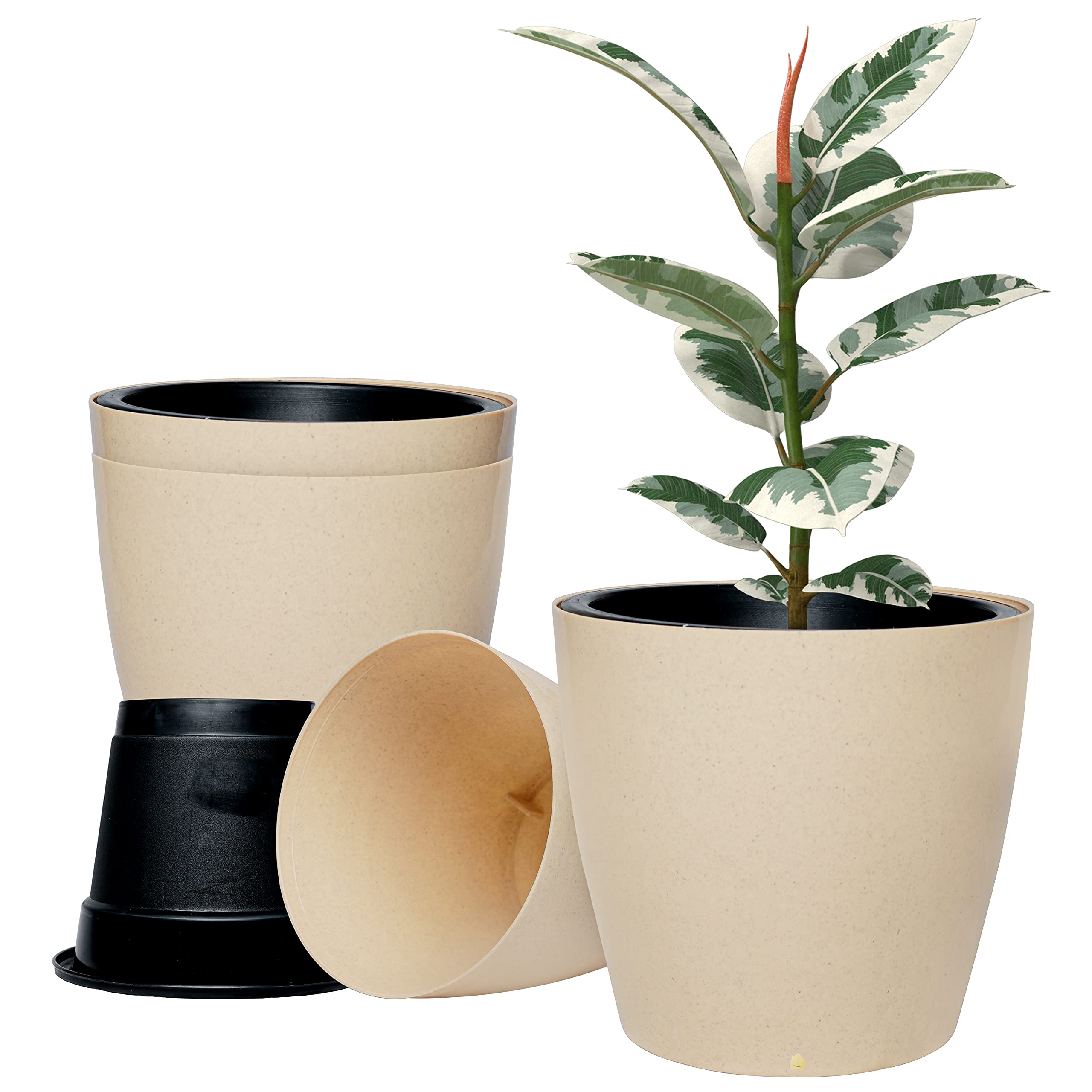 Agora 10 Inch Self Watering Premium Virgin Plastic Big Pot for Garden Office Outdoor Balcony Modern Indoor Planter Pot Outer Color Inner Black Flower Gamala Plant Pots - Pack of 4 (Sandal Dot) (B0DFWBZK46) Amazon Price History, Amazon Price Tracker